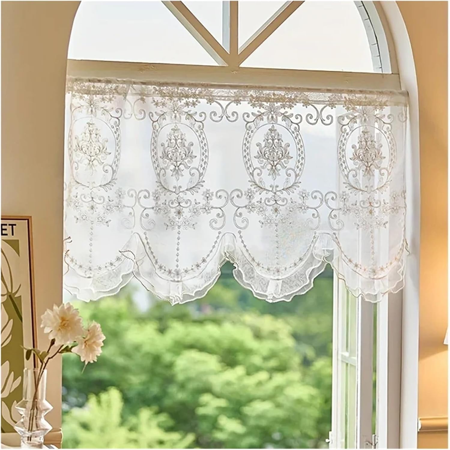 Thermal Insulated Blackout Curtains Ruffled Lace Short Curtain Beaded Bottom Tulle Valance(W200xH65cm)