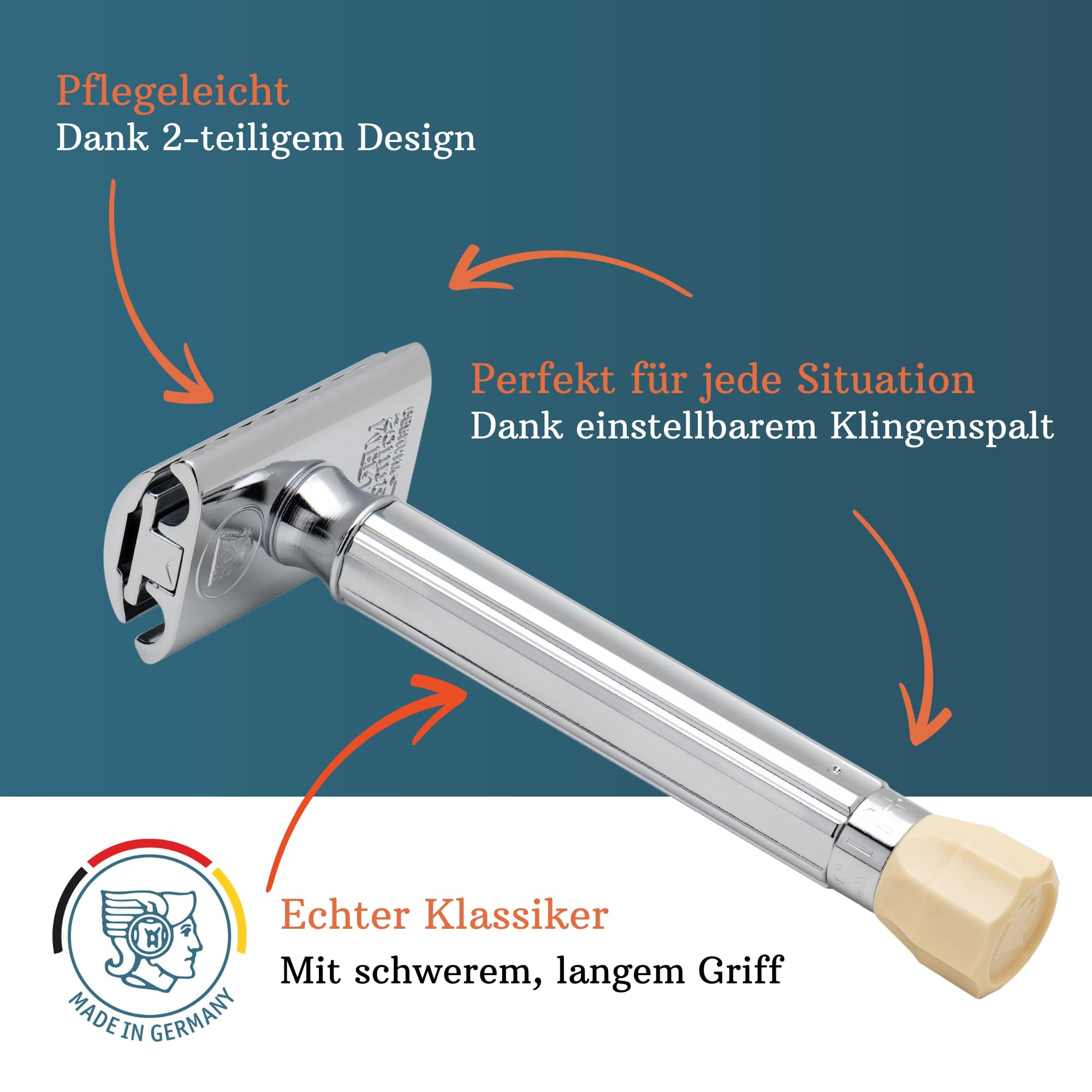 MERKUR Einstellbarer Rasierhobel 510C | Klassiker Glanzchrom | Zweiteiliger Rasierer mit geradem Schnitt | Ideal für Nassrasur | Zinkdruckguss | Messing Griffstück | Made in Germany