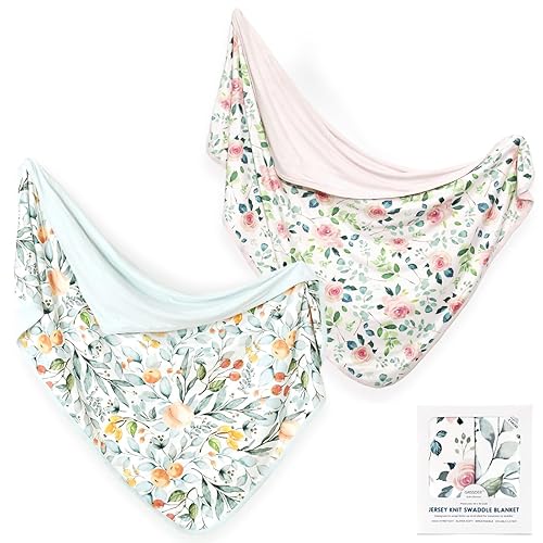 GRSSDER Baby Blankets Super Soft Stretchy Jersey Swaddle Blanket 2 Pack for Baby Girls, Double Layer Reversible Receiving Blankets 34 x 44, Extra