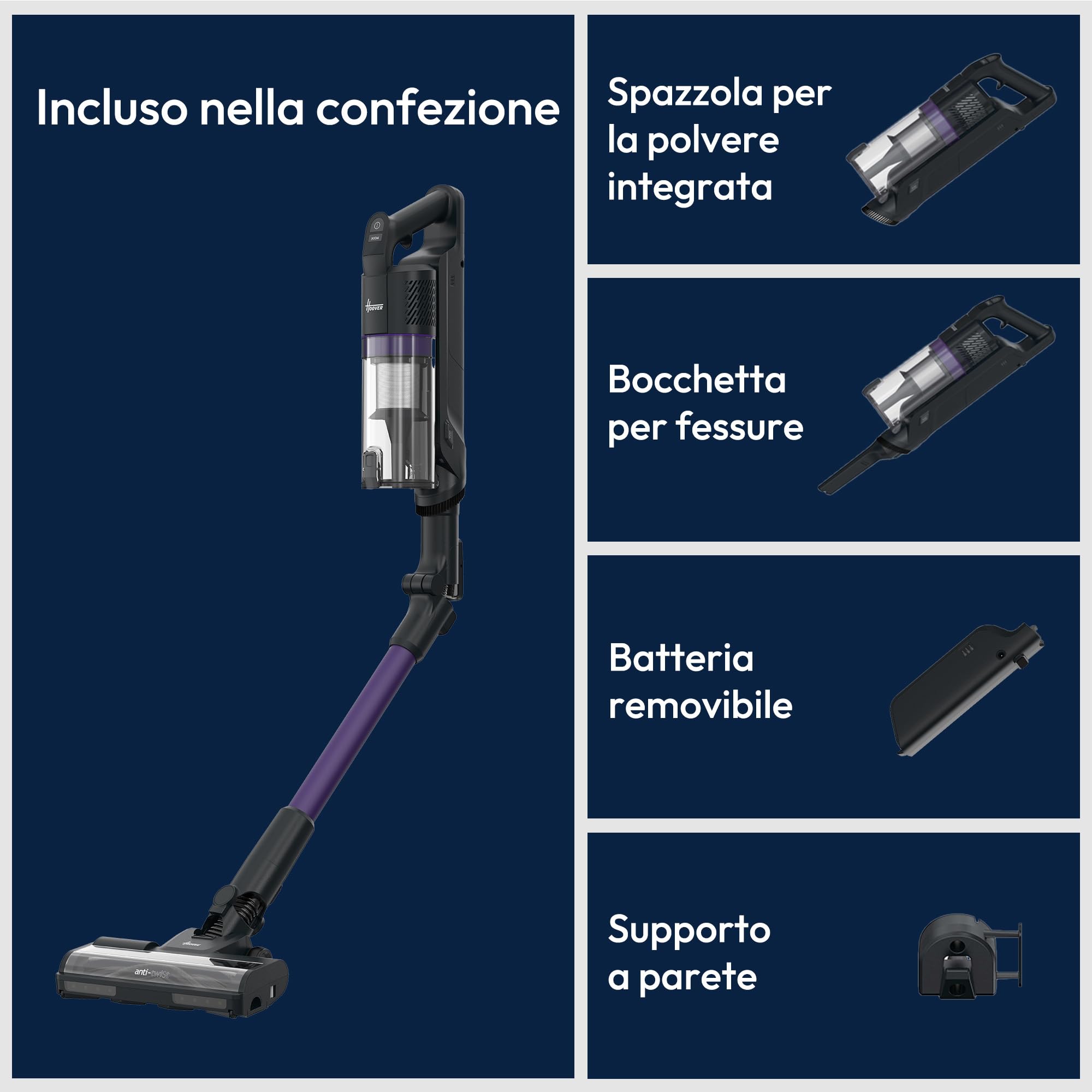 Hoover HF1 CORE Scopa Elettrica Senza Fili, spazzola multi-superficie con Tecnologia Anti-Twist, 3 modalità di potenza, Autonomia 50 Minuti, QuickPark, luci LED, 200W [XEUF1CHX]