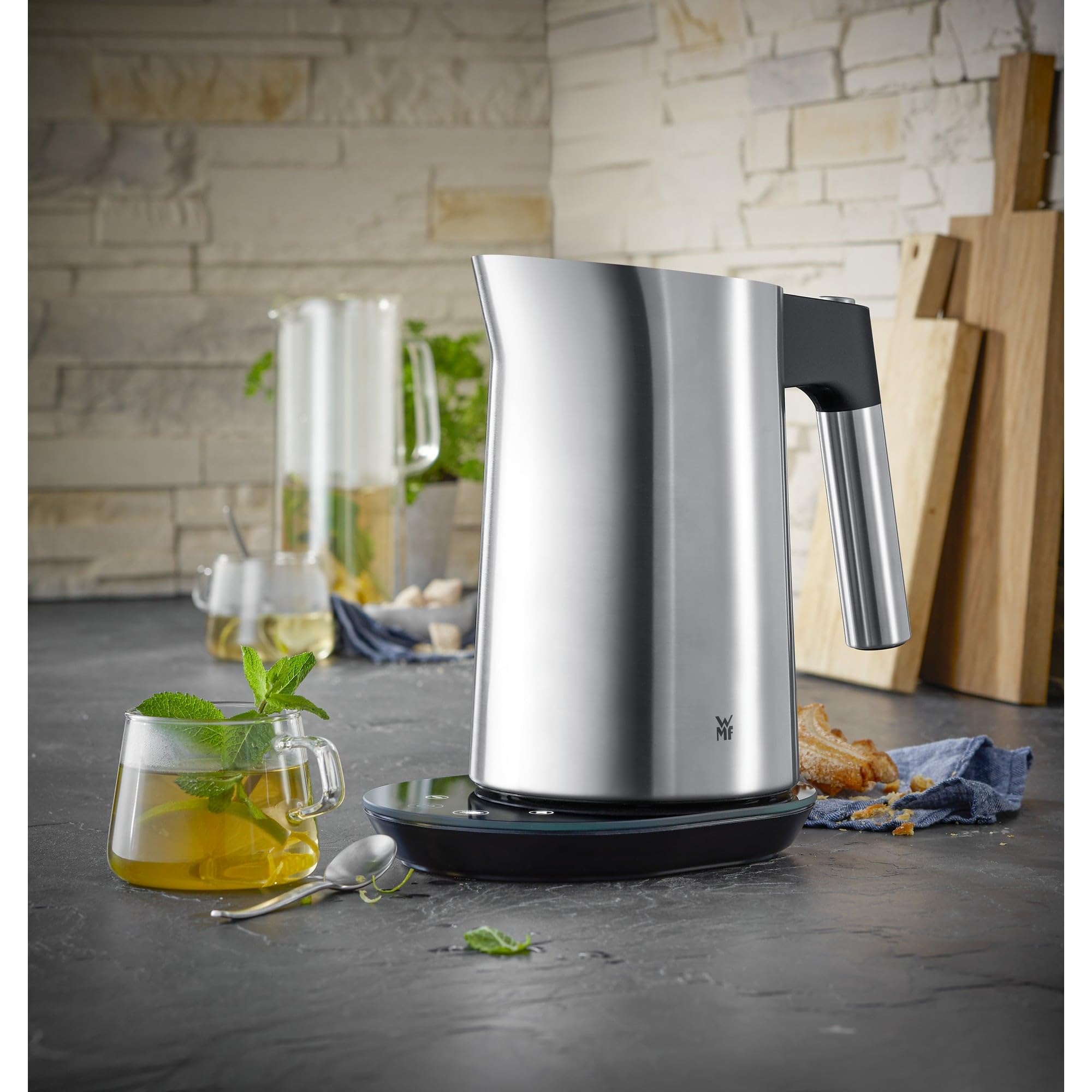 WMF Kineo Hervidor de agua con ajuste de temperatura, 1,6 l, filtro de cal, 3000 W, indicador de temperatura en vivo, hervidor eléctrico de agua de acero inoxidable mate