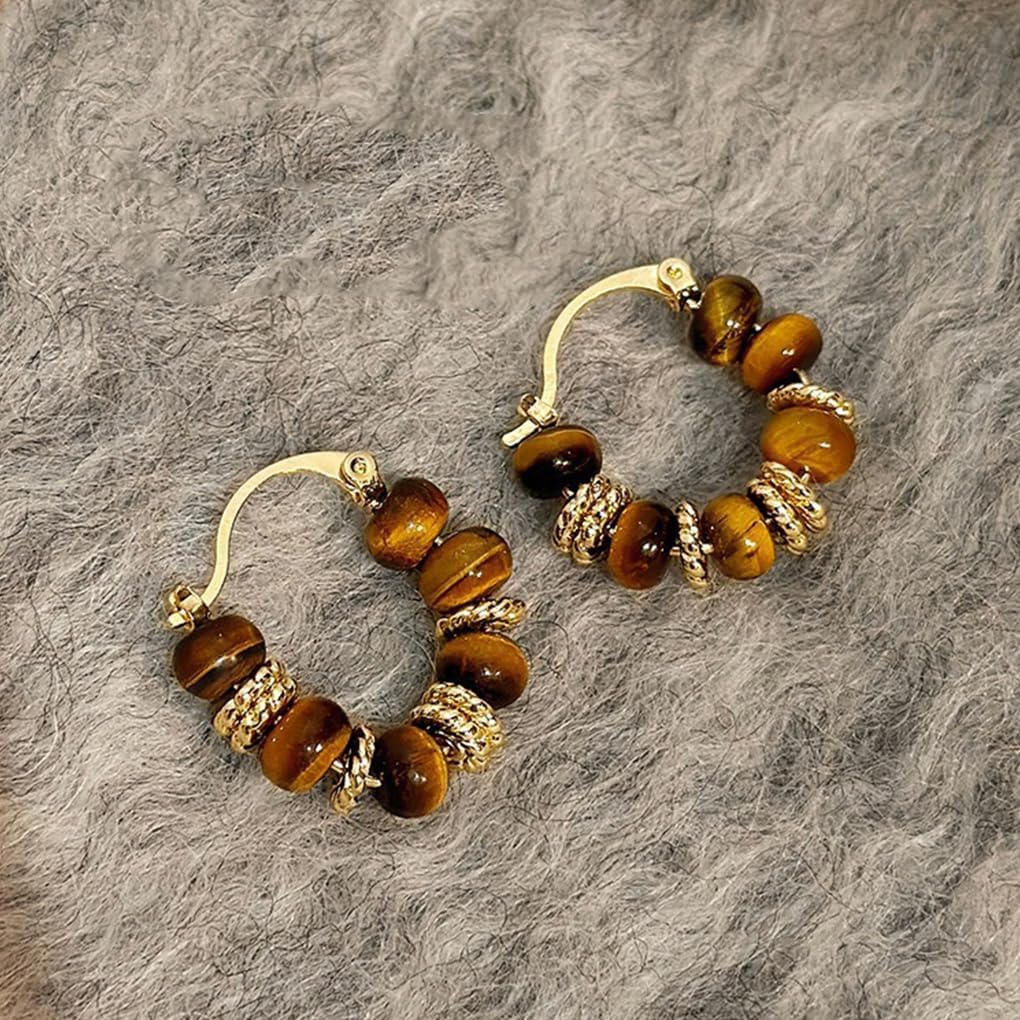 Vintage Tiger Eye Hoop Earrings for Women Chunky Natural Stone Beads Hoop Earrings Beaded Huggie Earrings Party Holiday Jewelry Accessories for Her - Image 6