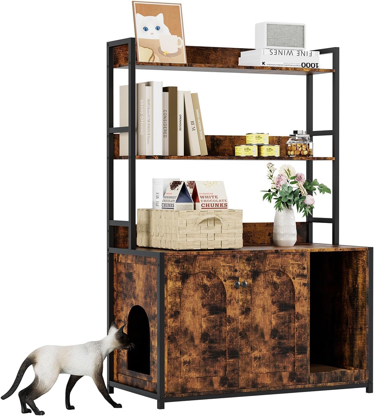52 Inch Cat Litter Box Enclosure with 2 Storage Shelves, Large Hidden Litter Box Furniture with Doors, Wooden Indoor Cat Cabinet, Scratch Pad Included, Black