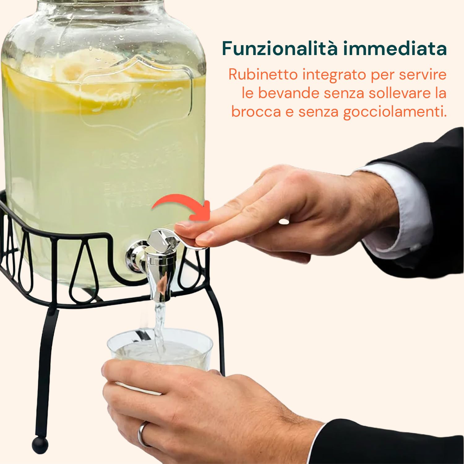 Avilia - Dispenser Bevande in Vetro 4L con Rubinetto e Infusore Integrato, Contenitore per Acqua e Succhi per Cucina e Ufficio, con Coperchio in Alluminio per Uso Quotidiano ed Eventi