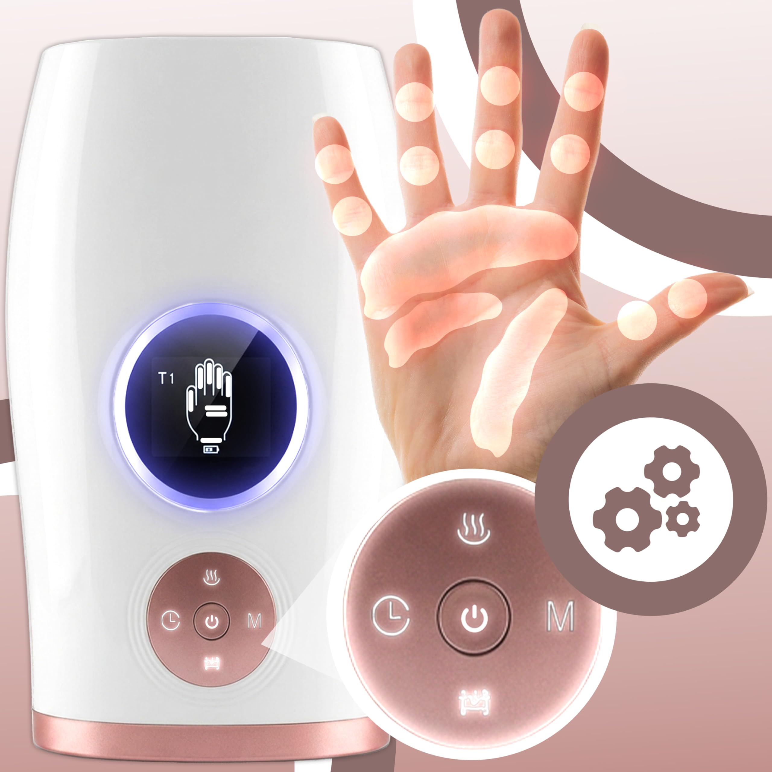 Retoo Elektrisches Handmassagegerät mit Wärme und Kompression – 3 Modi, LCD-Display, kabelloses Massagegerät für Finger, Handfläche & Handgelenk, Arthritis, Karpaltunnelsyndrom, USB Akku