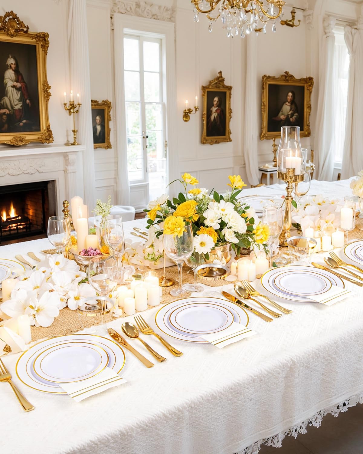 GATHER 350PCS Gold Plastic Plates - White and Gold Disposable Plastic Dinnerware Set Include 50 Dinner Plates, 50 Dessert Plate, 150 Silverware, 50 Napkins, 50 Cups for Party & Wedding - Image 6