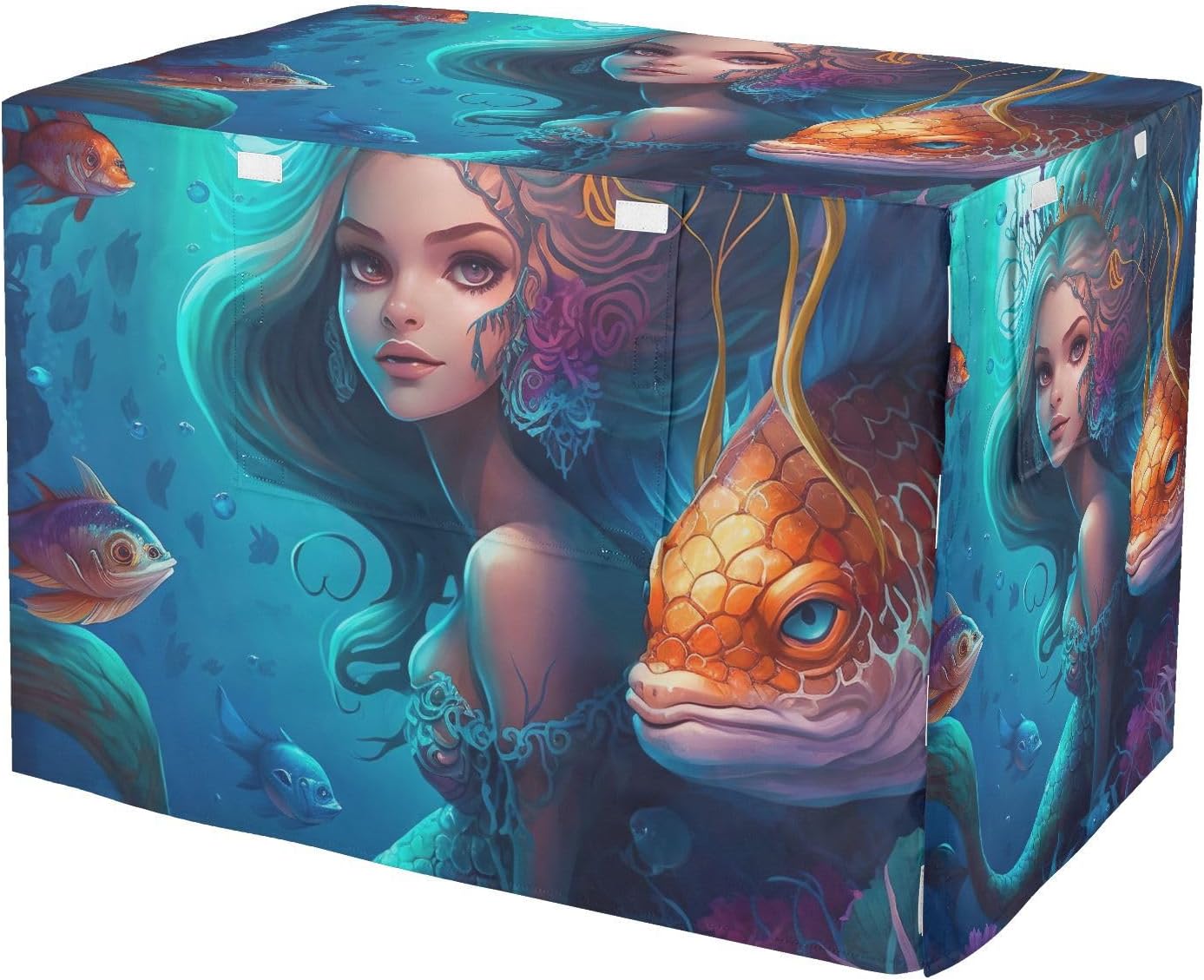Anime Mermaid Fish Pet Kennel Cover with Mesh Windows, Water-Resistant Foldable Crate Cover for Travel, Small