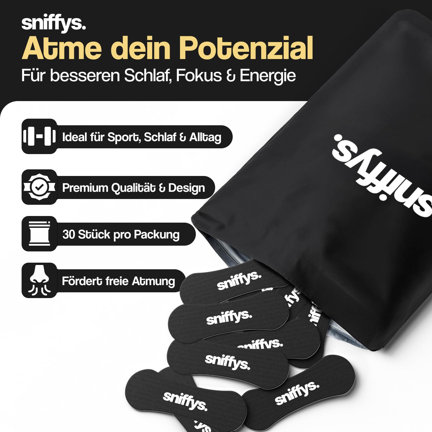 Sniffys Nasenpflaster - Sport Atmungshilfen Besser Atmen - Nasenstrips Anti Schnarch Unterstützung - Nose Strips Komfort Halt - 30 Stück - Schwarz