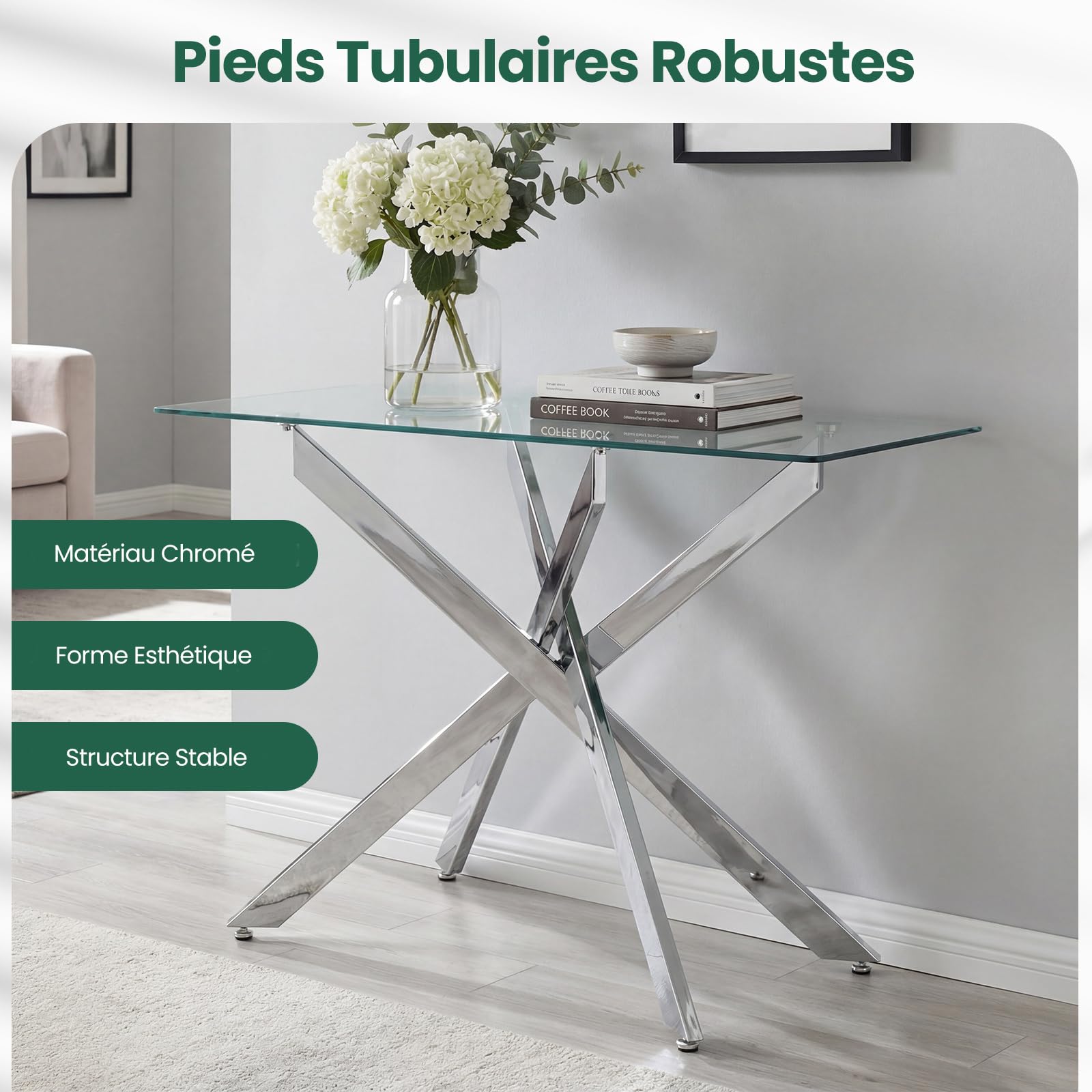 COSTWAY Console Meuble Verre Axis, Console Entree Transparent, Pieds Tubulaires en Métal Chromé, Design Moderne, pour Salon, Couloir (Argent)