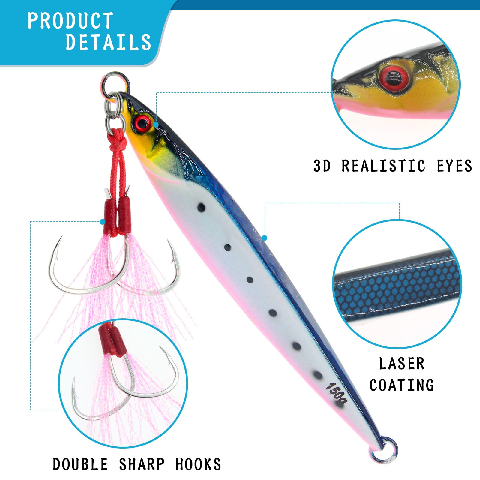 Leurres de pêche verticaux pour Eau salée en métal Rapide en mer Profonde Jiggen Leurres de pêche Lumineux avec Crochets auxiliaires pour Thon, Perche, Dogtooth Grouper, 130