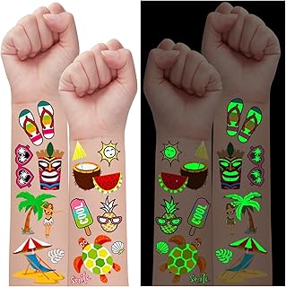 Partywind 20 Sheets Luminous Hawaiian Tattoos for Party Decorations, 195 Styles Hawaiian Luau Party Supplies Favors for Kids, Tropical/Beach/Pool Party Decor