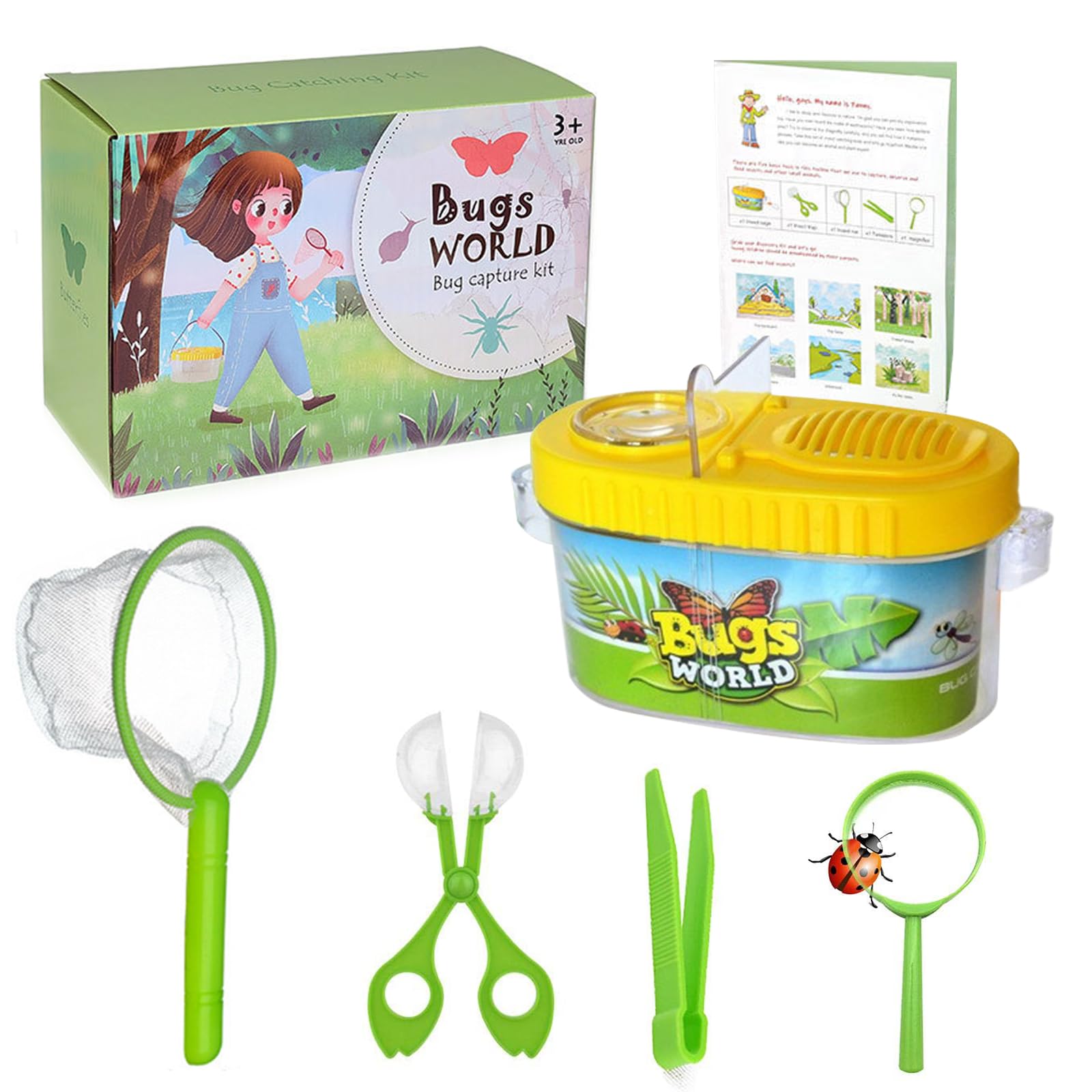 Bug Catcher for Kids  5Pcs Outdoor Explorer Set with Insect Net, Magnifying Glass, Observation Box & Tools, Bug Hunting Kits for Children, Educational Bug Collecting Kit for Backyard & Nature Play