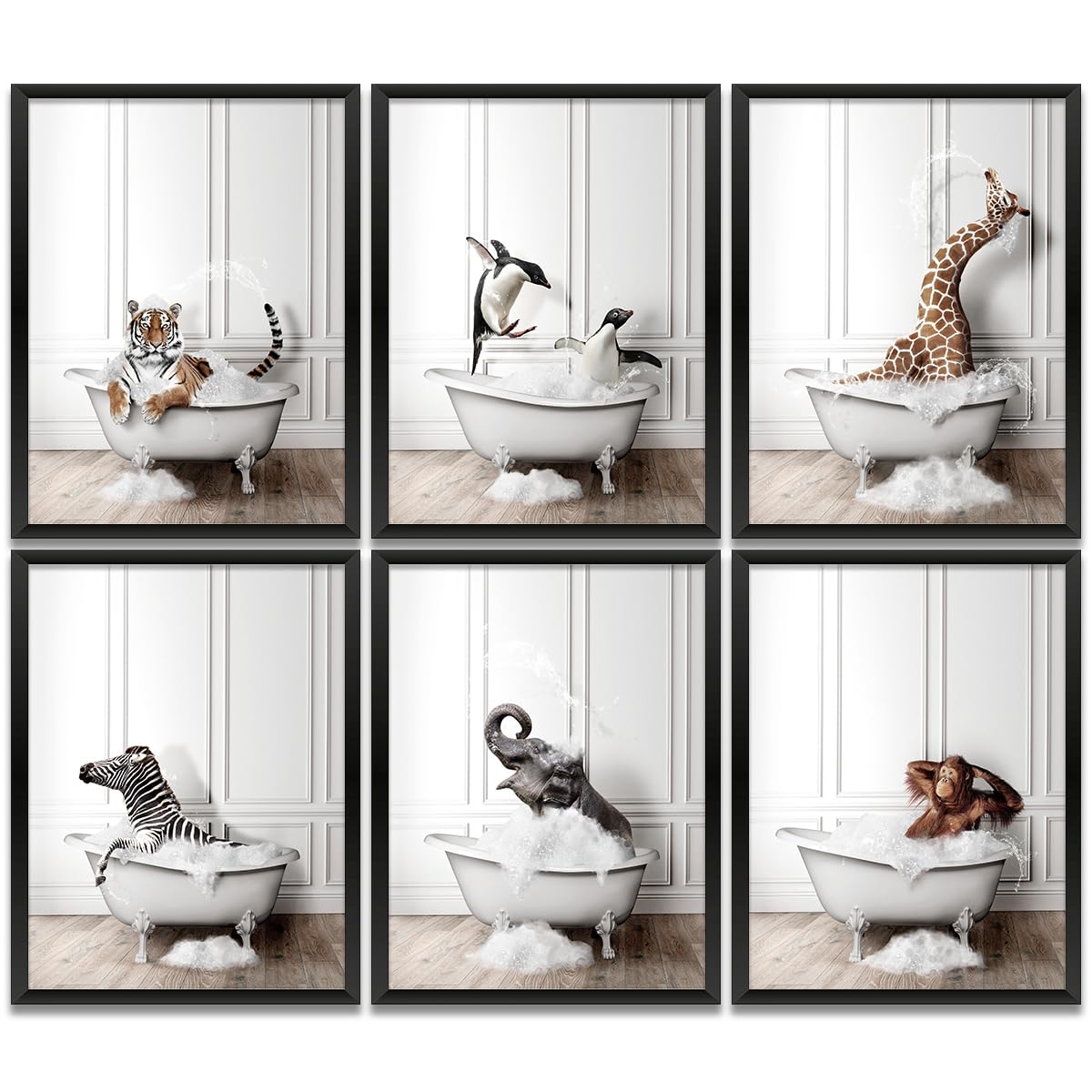 6PCS Funny Wall Art - Bathroom Decor Accessories Prints Paintings for Home Farmhouse Hospital Washroom Humor Animals Tiger Giraffe Zebra in Toilet Wall Decor (8x10 inch, Unframed)