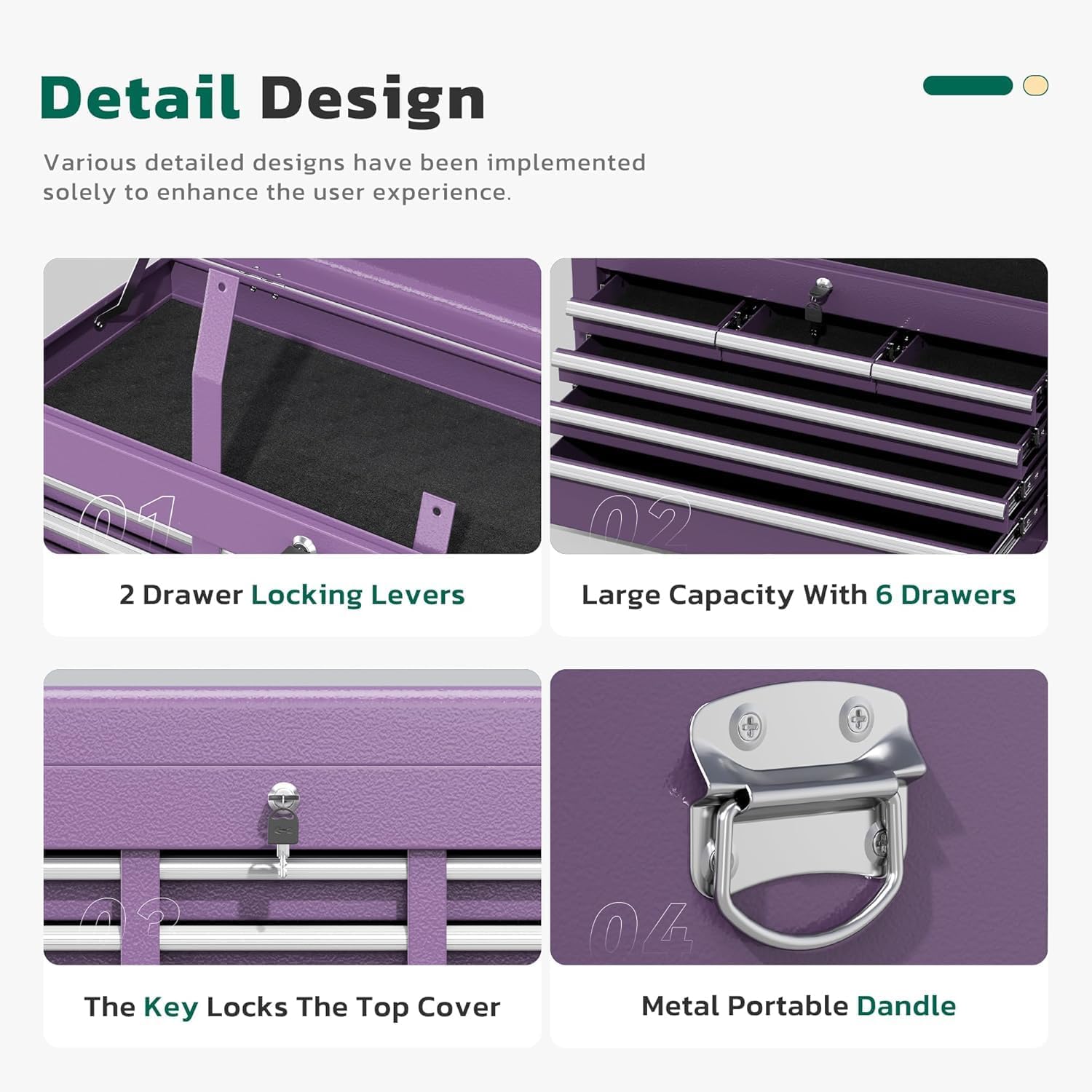 Greenvelly 8-Drawer Rolling Tool Chest, Metal Tool Chest with Wheels, Rolling Tool Box with Detachable Top Tool Box, Metal Tool Cart with Liner & Hooks for Garage, Workshop, Warehouse, Purple