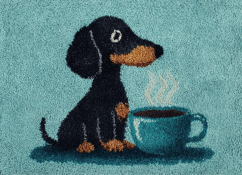 Latch Hook Rug Kit Black Dachshund Dog Drink Coffee Tapestry 52x38cm-3