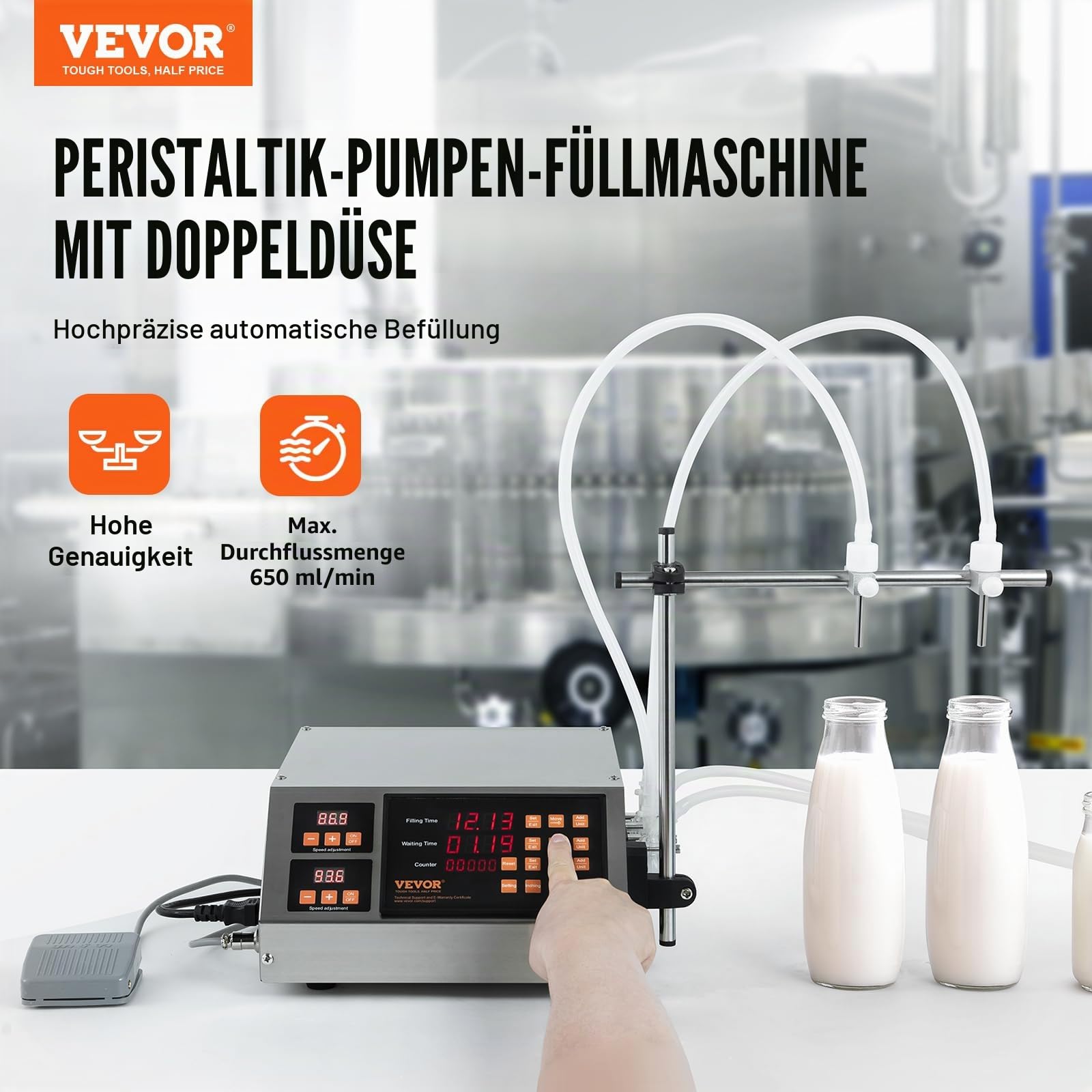 VEVOR Abfüllmaschine Automatisch/Pedalschalter Flüssigkeitsabfüllmaschine 650 ml/min Flaschenabfüllmaschine 340 x 260 x 140 mm Pastenfüllmaschine Edelstahl 201 Füllmaschine Digital Wein Milch usw.