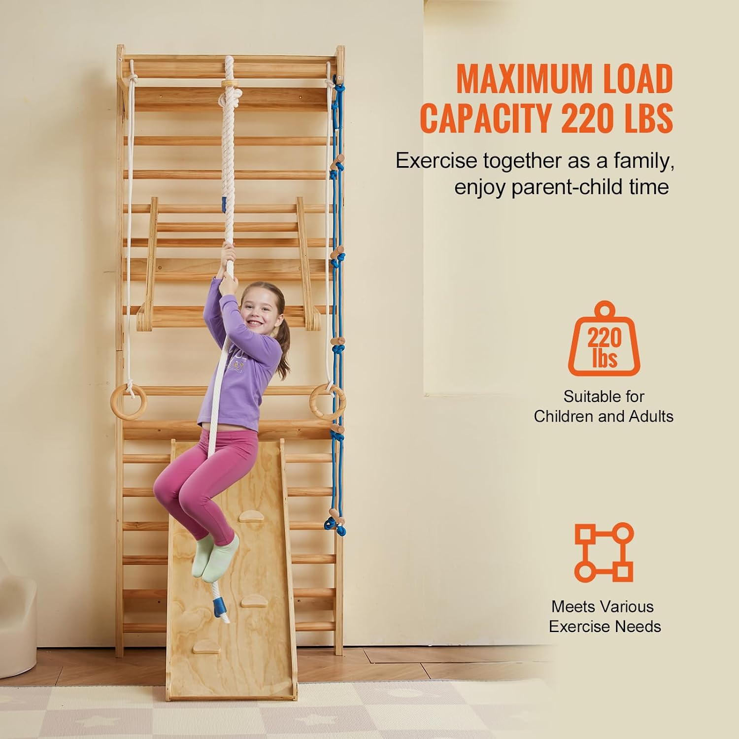 VEVOR Swedish Ladder Wall Gym, 15-Level 8 in 1 Wooden Indoor Jungle Gym, 220 lbs Load Capacity Playground Climbing Toys with Pull-Up Bar, Gym Rings, Swing Seat, Rope Ladder, Wall Ladder, Slide Board