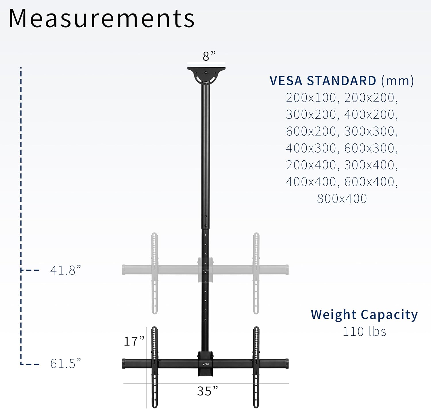 VIVO Ceiling Swivel TV Mount for 37 to 90 inch Screens, Telescoping Height Adjustment with 5ft Extension Pole, Fits Pitched/Vaulted Roof, VESA up to 800x400, Black, MOUNT-VC90-5
