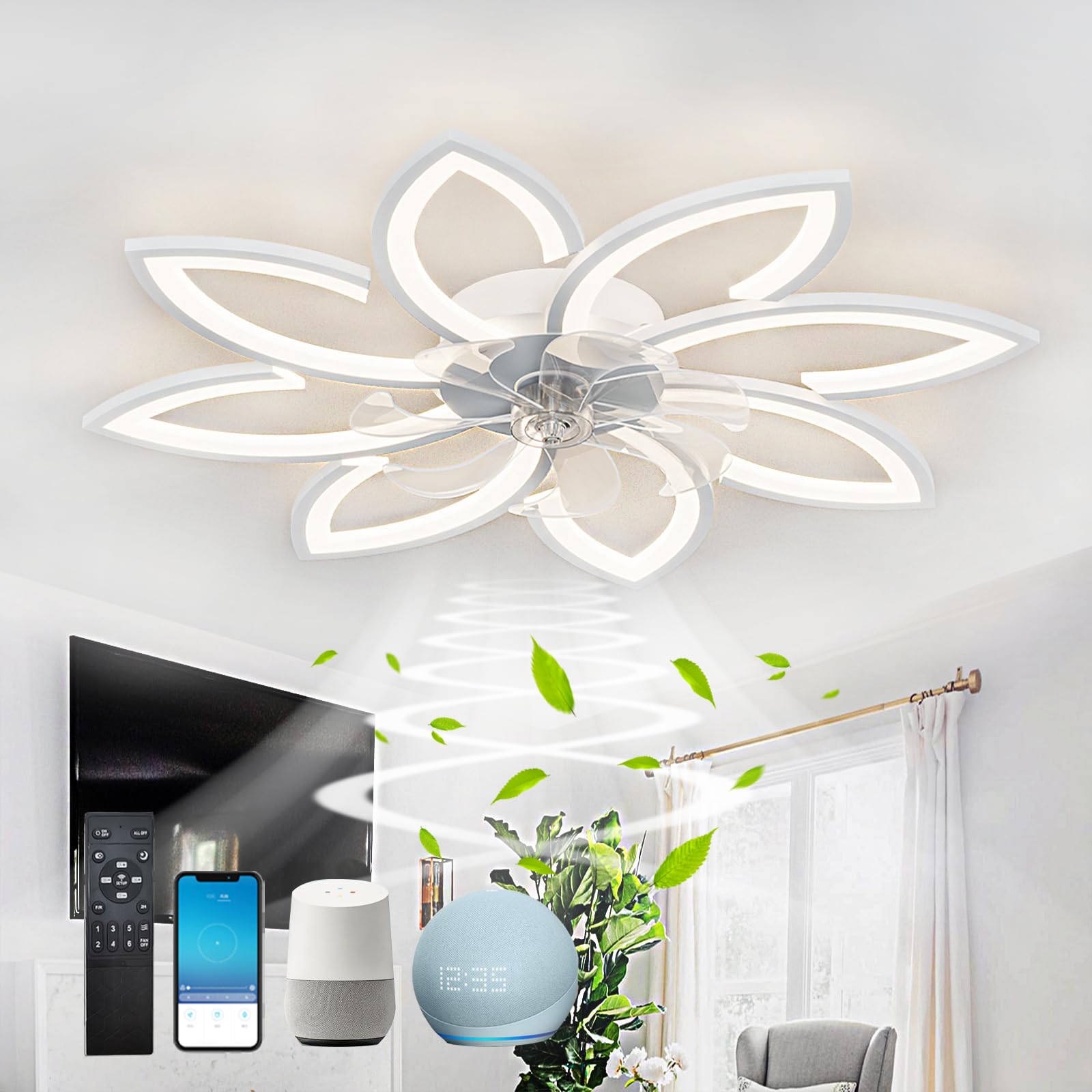HXYSXHJUO Ceiling Light with Fan, 90cm,Quiet Fan Light, Chandelier,Flower Shape Design,App Dimmable,DC Modes,Summer and Winter,for Living Room (Color : 2)