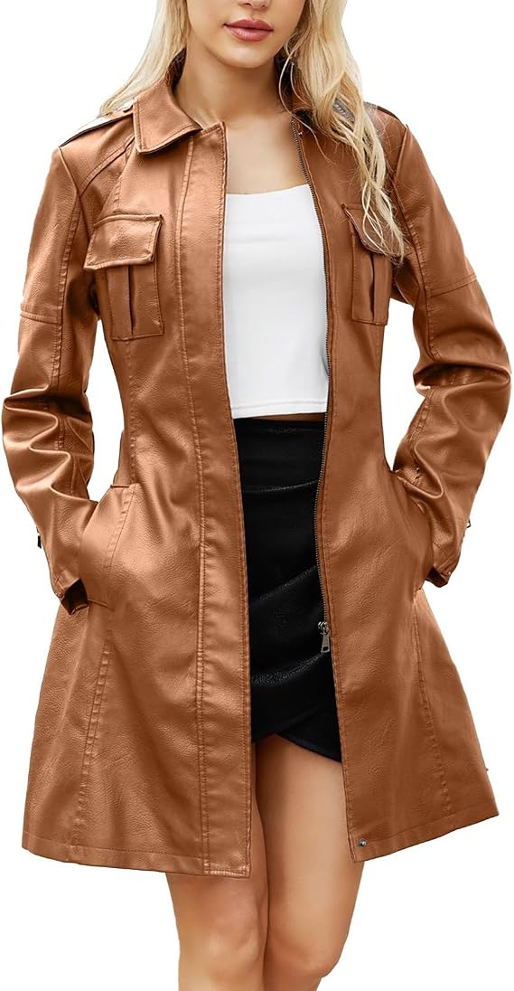 Lolvmvchi Women'S Mid Length Leather Coat With Belt Long Sleeve Leather Trench Coat Fashion Coat Womens Winter Windbreaker