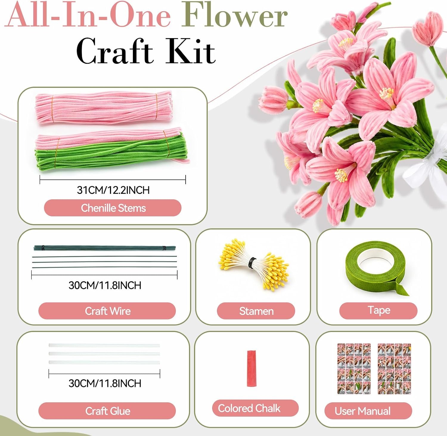 Pipe Cleaners Flowers Kit,Pink Tulip DIY Craft Supplies – Include 200Pcs Pipe Cleaners, Floral Tape, Stems, Stamens, Glue Sticks,Tutorials for Making Bouquet Gift for Mother's & Teacher's Day (Type 3)