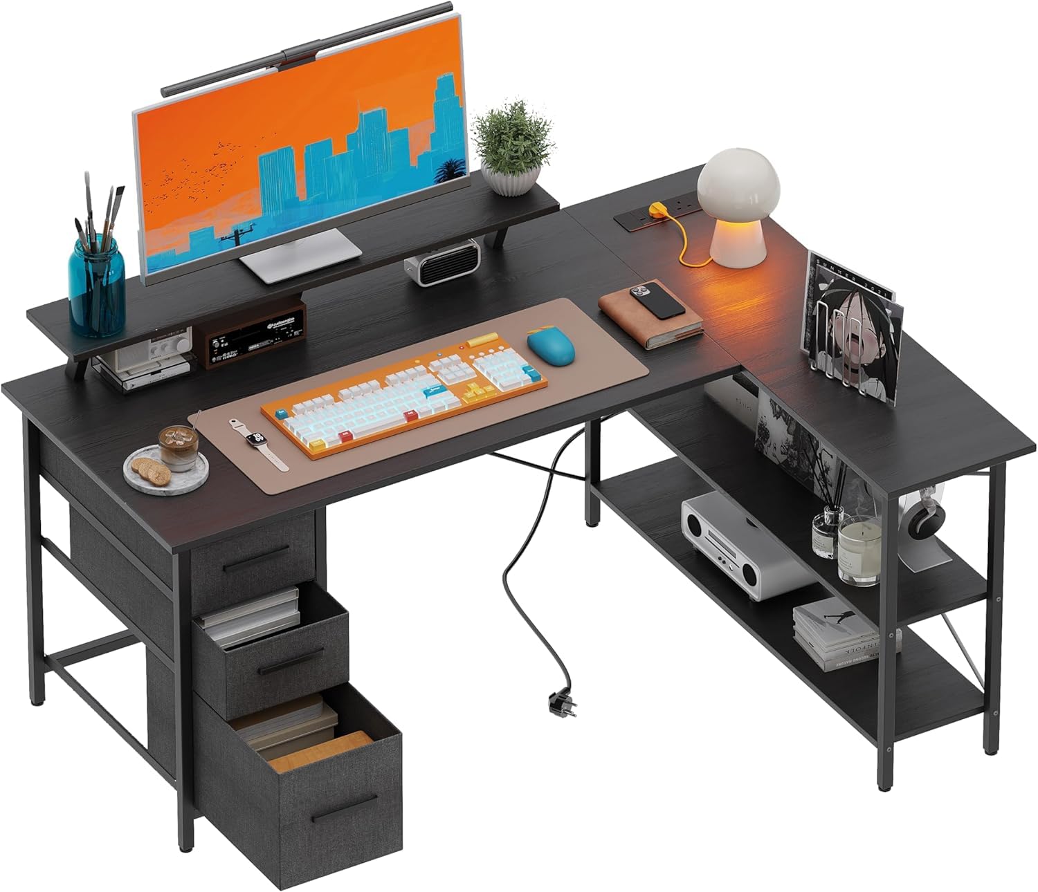 Xyphren Spieltisch mit Lochwand, Steckdose, Kleiner Computertisch mit umkehrbaren Regalen für Eckschreibtisch im Homeoffice