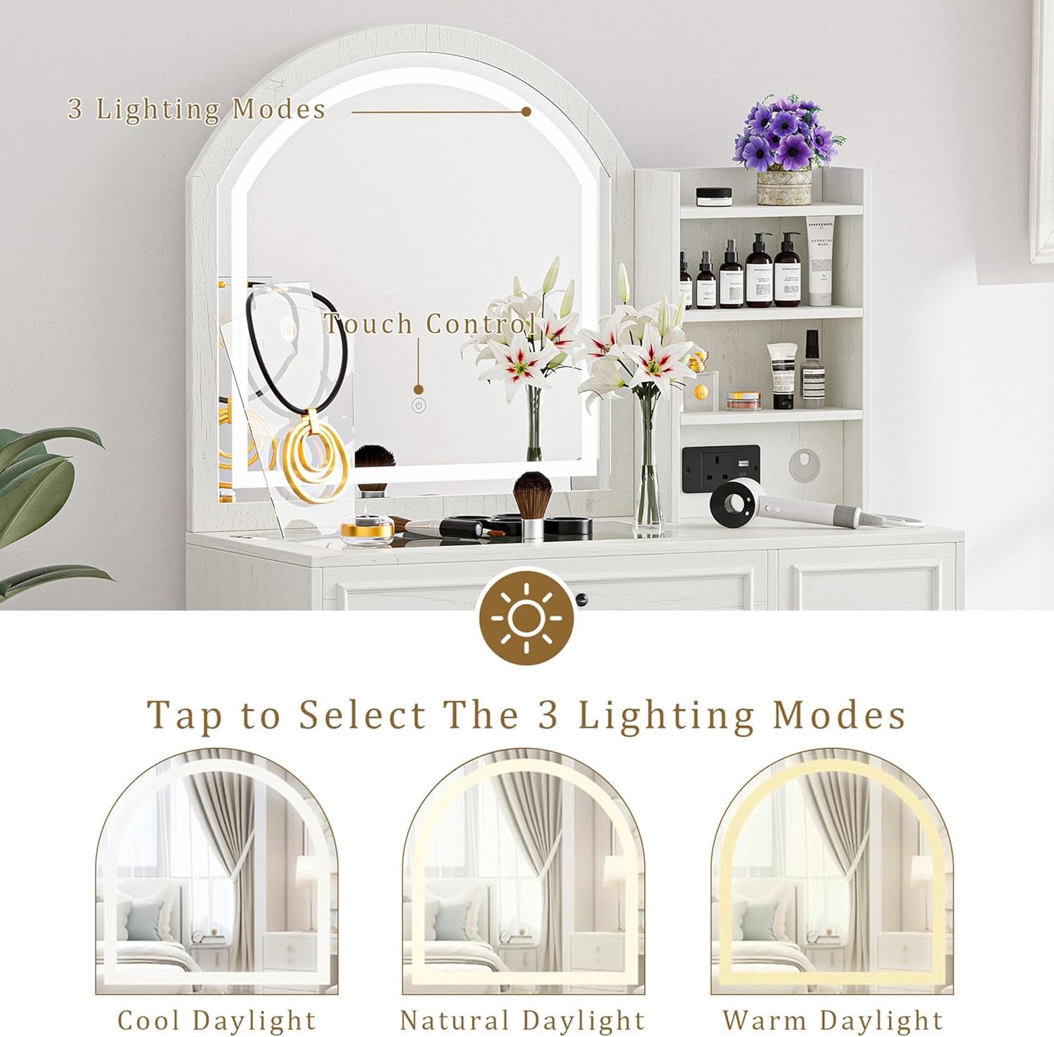 Vanity Desk with Mirror and Lights, Makeup Vanity Table with Side Cabinet, 4 Drawers Dressing Table with Glass Top, Modern Vanity Set with Power Outlet and Large Mirror (AntiqueWhite)