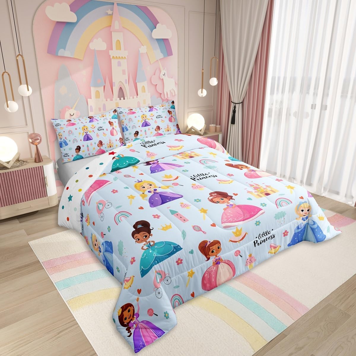 Erosebridal Kids Magical Princess Toddler Bedding Set, Baby Blue Castle Soft Bed Set for Bedroom, Cartoon Kawaii Princess Breathable Quilt Set for Girl, Cute Girly Rainbow Down Comforter