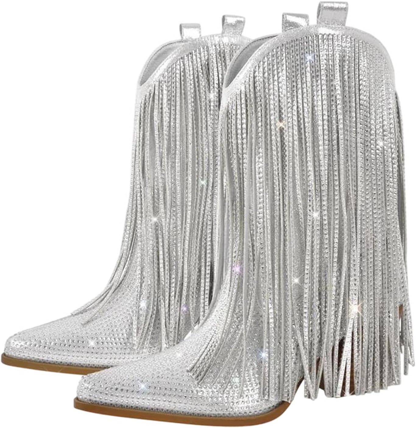 Women Fringe Rhinestone Mid Calf Western Boots Block Heel Party Fashion Boots, V 7b, 41 EU