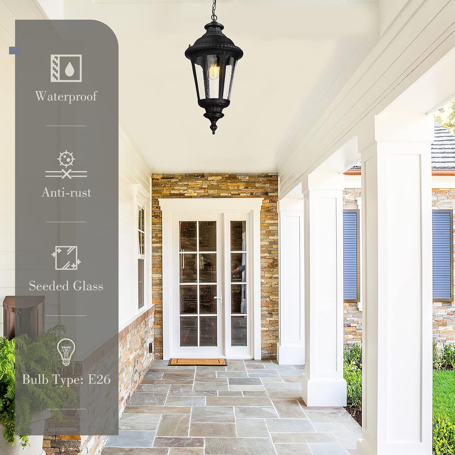 zeyu Outdoor Hanging Porch Light for House - 25 Inch Large Farmhouse Exterior Pendant Light Chandelier with Adjustable Chain Seeded Glass, Black Finish, ZX54H BK