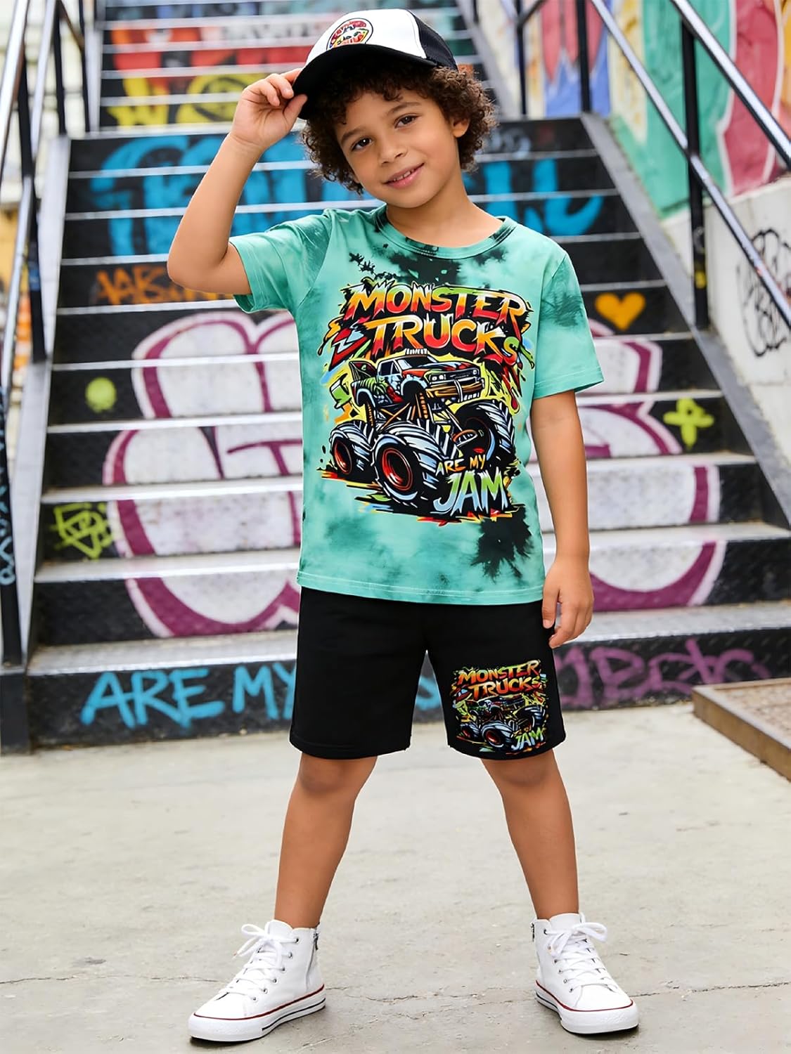 Boys Clothes 2-Piece Summer Outfit 3D Car Print Tie-Dye T-Shirt & Elastic Waist Shorts for Kids Clothing Set 5-11Y - Image 3