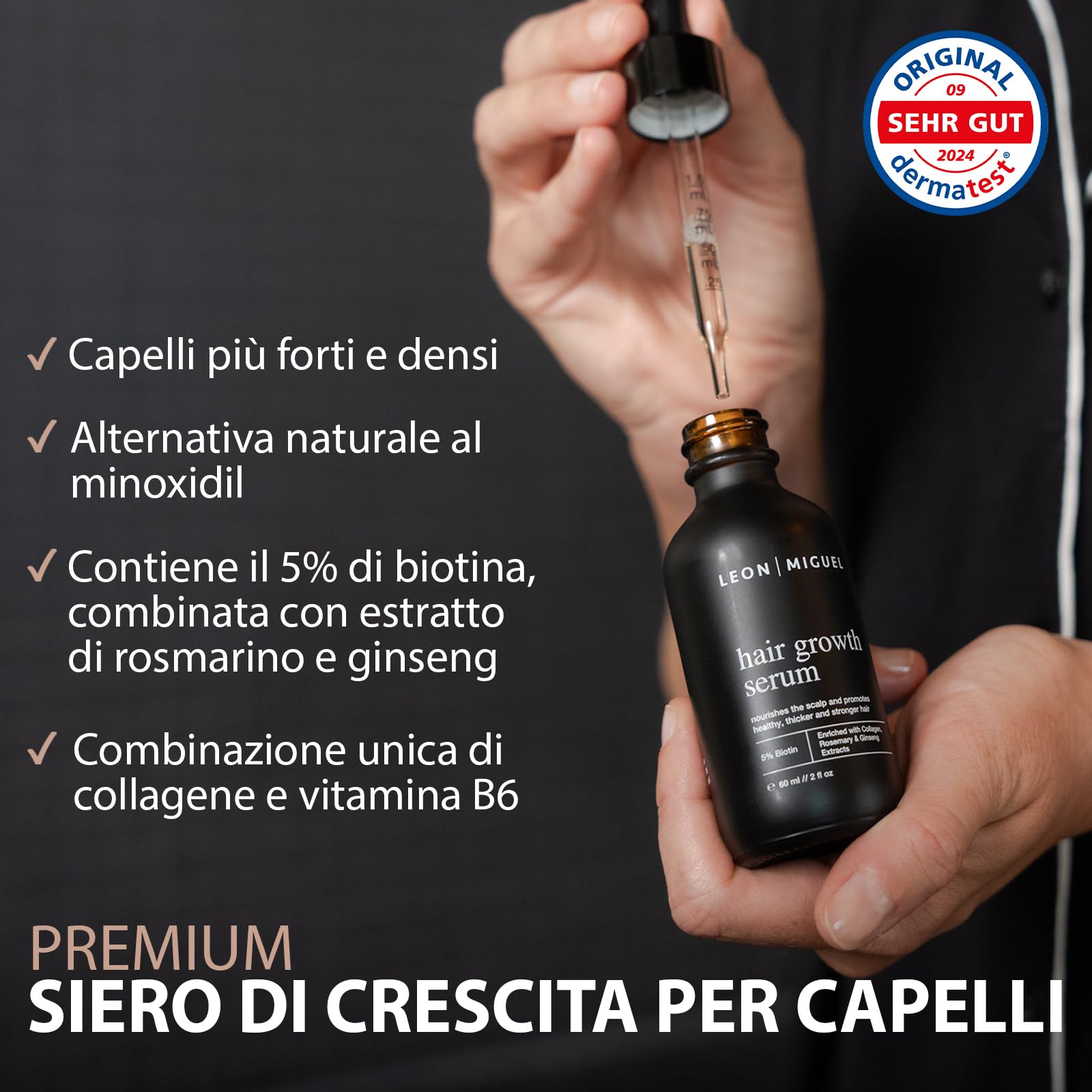 Leon Miguel Hair Growth Siero – Biotina 5% & Ginseng per una crescita più rapida dei capelli – Arresta la perdita di capelli, capelli più forti e spessi, siero anti-perdita di capelli per uomini e