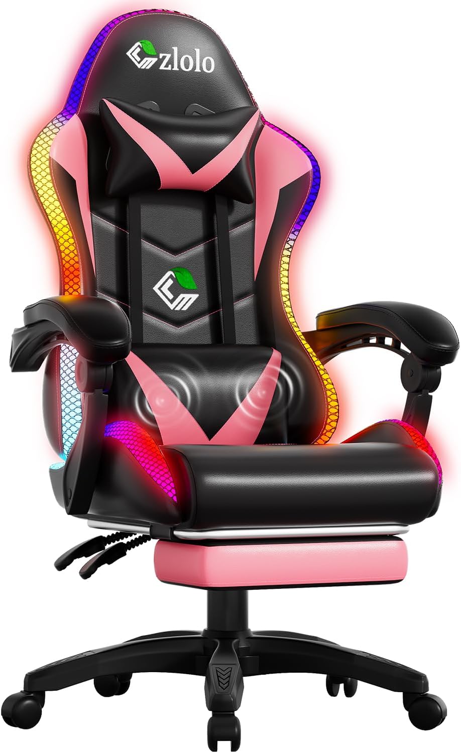 Gaming Chair, Racing Style RGB LED Lights Gaming Chairs for Adults and Kids, Lumbar Massager Gamer Chair, High Back Reclining Computer Chair with Footrest and Headrest (Black/Pink)