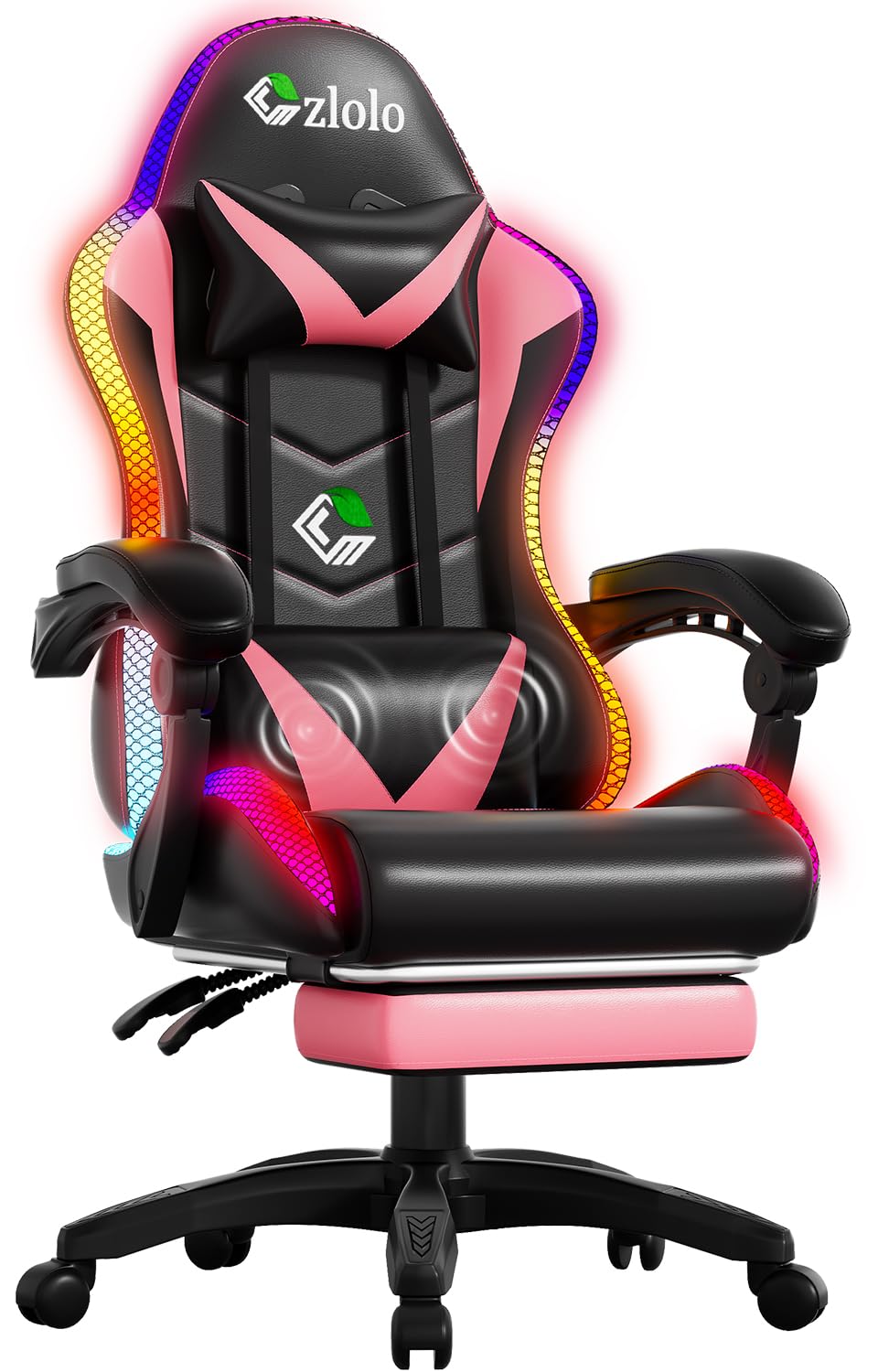 Gaming Chair, Racing Style RGB LED Lights Gaming Chairs for Adults and Kids, Lumbar Massager Gamer Chair, High Back Reclining Computer Chair with Footrest and Headrest (Black/Pink)