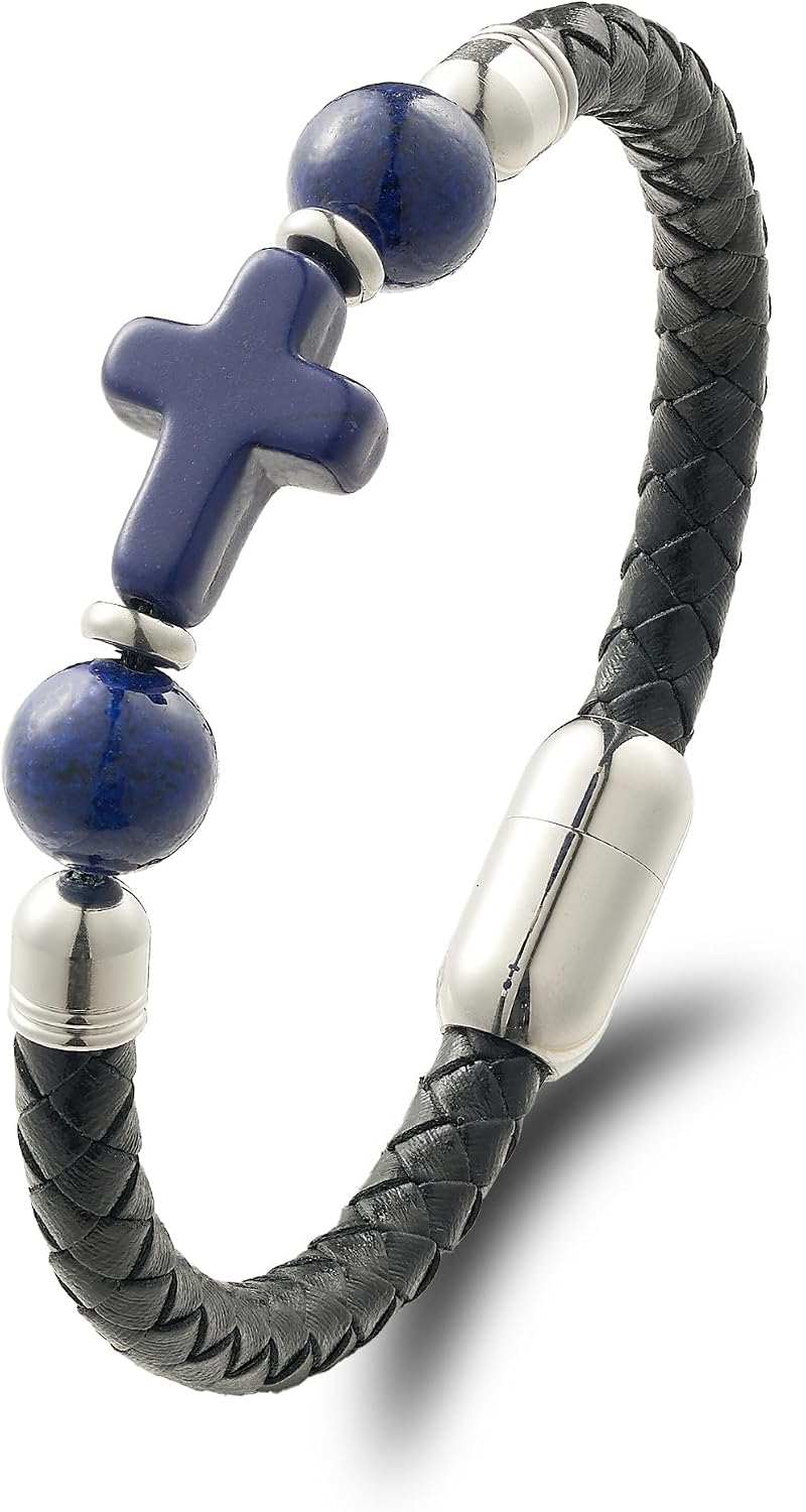 Men's Cross Bracelet Tiger Eye/Lapis Lazuli/Turquoise/Black Obsidian Braided Leather Cuff，Single & Double Layer Multilayer Woven Jewelry for Him
