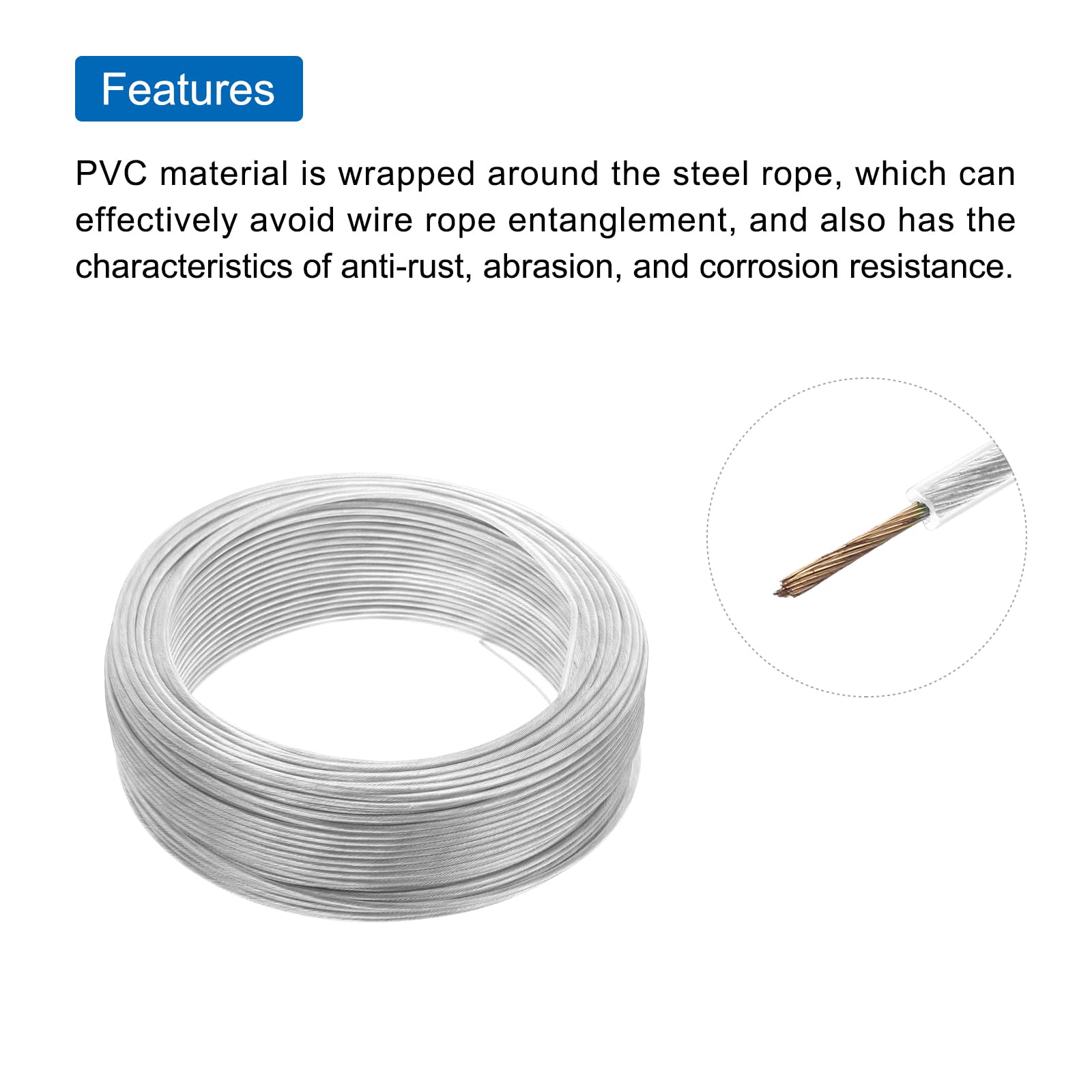 QUARKZMAN 3mm (1/8") Cavo Acciaio Rivestito Trasparente, 100m/328ft Cavo Acciaio Zincato con 10Pz M3 Maniche a Anello Morsetti Stendibiancheria per Appendere Luci Corda, Ringhiere Ponti