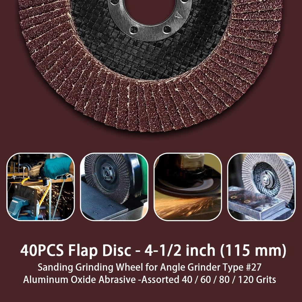 40 discos de solapa, 4-1/2 pulgadas, rueda de lijado para amoladora angular tipo 27, óxido de aluminio abrasivo, varios granos 40, 60, 80, 120