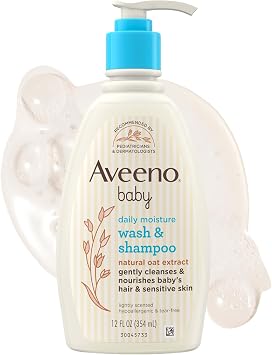 Aveeno Baby Daily Moisture Gentle Baby Body Wash and Shampoo with Oat Extract, 2-in-1 Baby Wash and Hair Shampoo, Tear-Free, Paraben-Free for Sensitive Skin and Hair, Lightly Scented, 12 Fl Oz