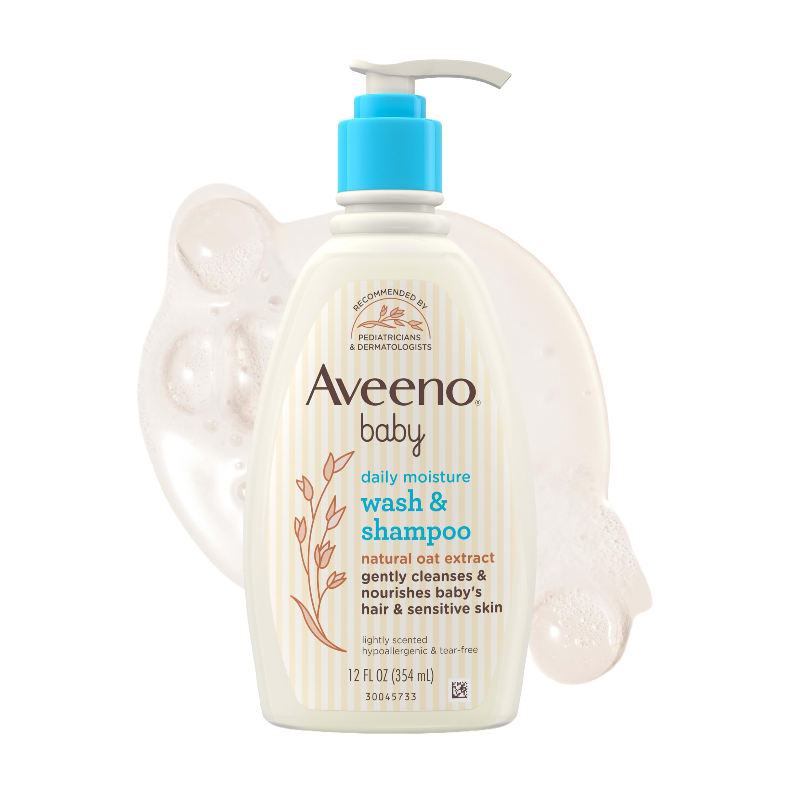 Aveeno Baby Daily Moisture Gentle Baby Body Wash and Shampoo with Oat Extract, 2-in-1 Baby Wash and Hair Shampoo, Tear-Free, Paraben-Free for Sensitive Skin and Hair, Lightly Scented, 12 Fl Oz