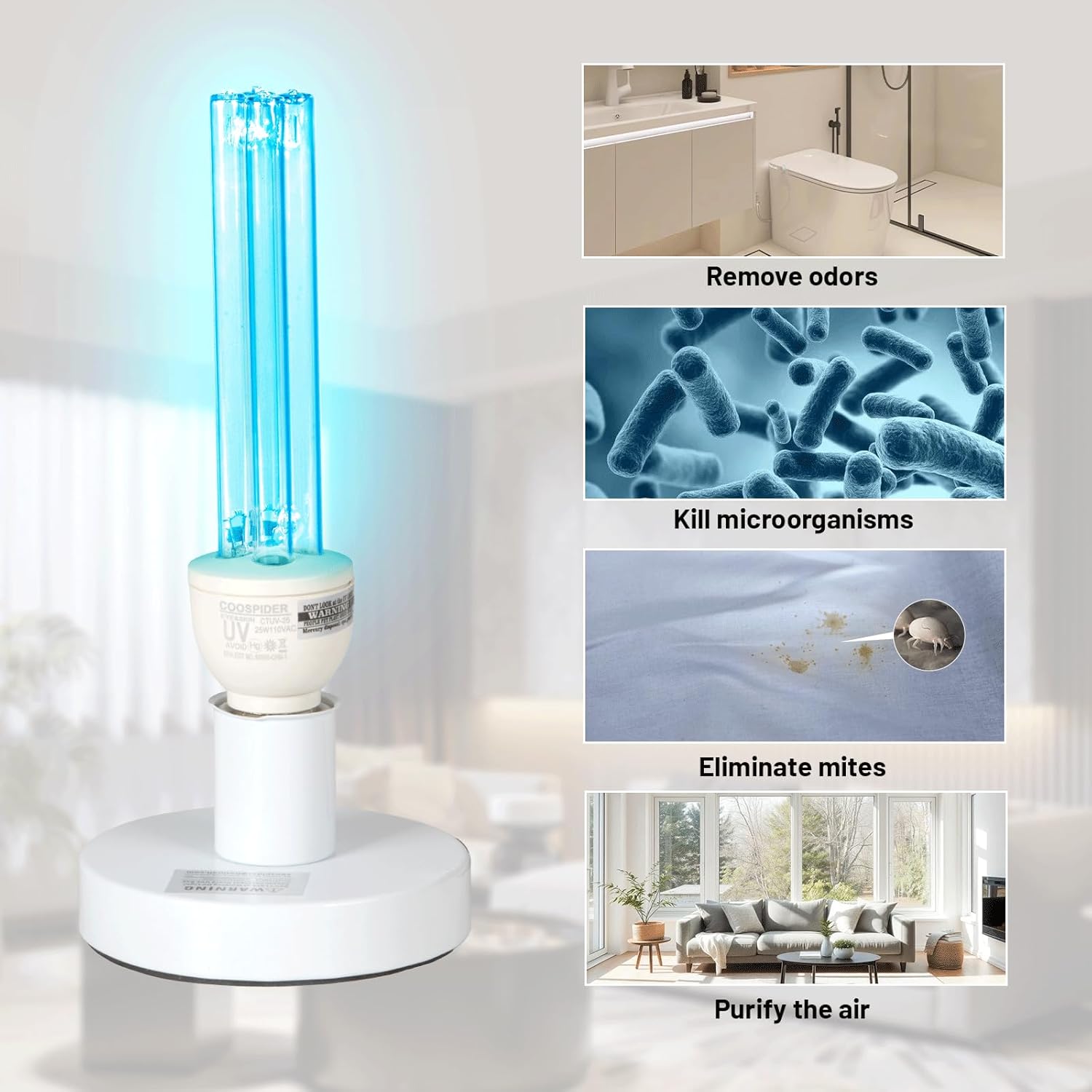 3 Pack 25 Watts UVC Light Bulb Ozone Free, Replacement UV Light Bulb for Bedroom/Bathroom/Closet/Kitchen, 253.7nm Wavelength Covers up to 400sq.ft, E26 Base 110V CTUV-25