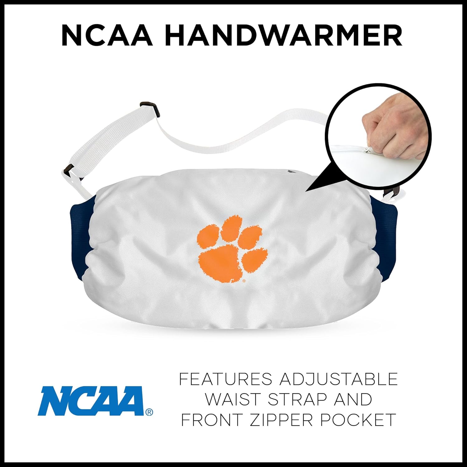Northwest NCAA Clemson Tigers Hand Warmer with Adjustable Waist Strap, Officially Licensed Cold Weather Hand Muff for College Sports, Outdoor Sports, Insulated Pocket, Polyester, 7 x 15 in