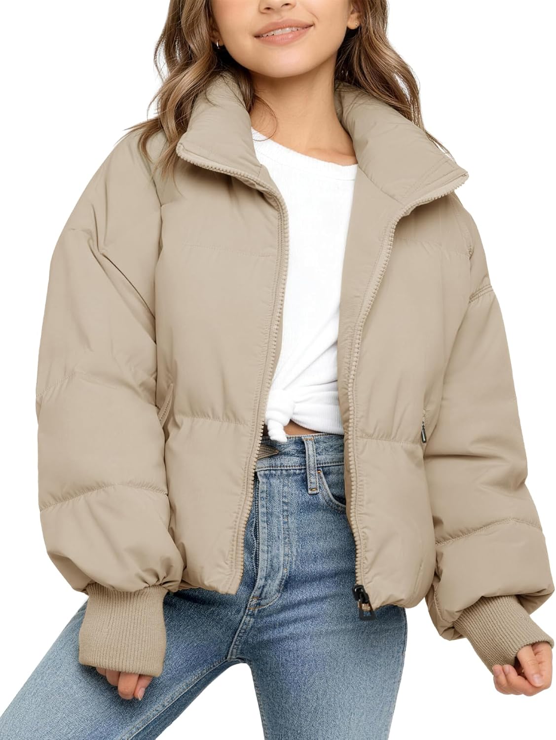 Flygo Girls Winter Puffer Jacket Warm Short Kids Zip up Long Sleeve Puffy Quilted Jackets Coat Outerwear 5-14 Years