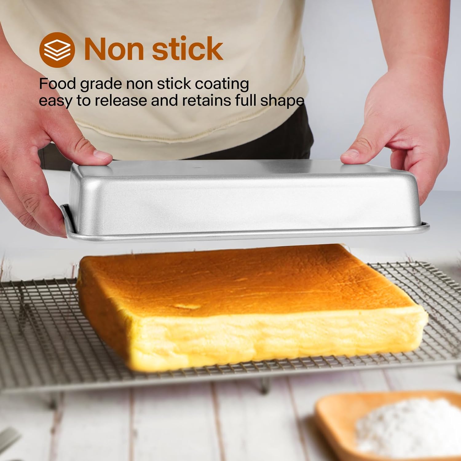 9x11 Baking Pan, Rectangle Cake Pan, 2-Pieces Nonstick Sheet Cake Pans Heavy Duty, Toaster Oven Tray Deep Size for Lasagna, Brownie, Siliver - Image 5