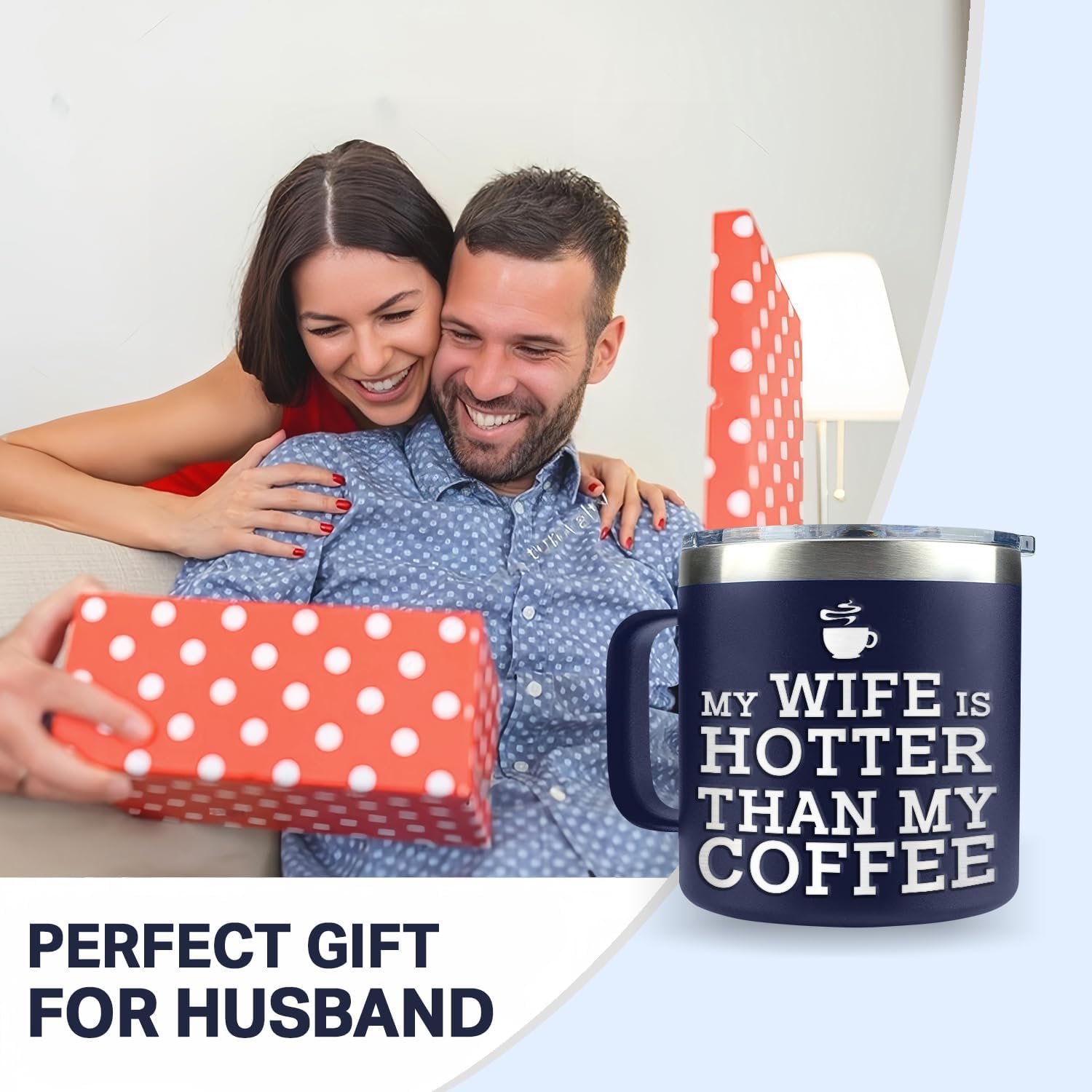 HYTURTLE My Wife Is Hotter Than My Coffee Navy Mug/Tumbler 14oz Gift For Husband, Present Idea For Him From Wife On Fathers Day, Birthday, Christmas