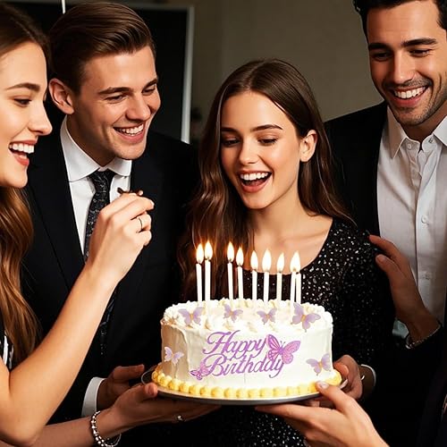 Miniatura 8 de ALISSAR Juego de decoración de pastel de cumpleaños morado con purpurina, decoración de pastel de mariposa y 16 piezas de decoración de cupcakes de