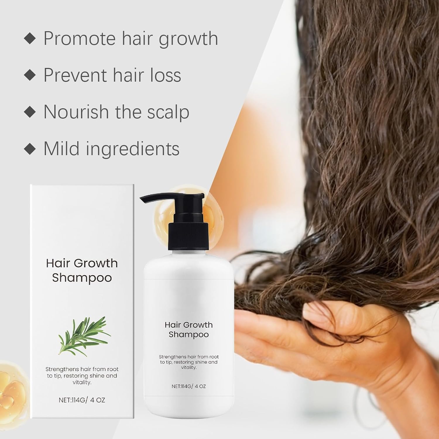 Hair Growth Shampoo with Rosemary Extract, 4 oz | Promotes Hair Follicles, Reduces Hair Loss, Strengthens Hair Roots, Thicker Fuller Hair, Rosemary & Rose Extract
