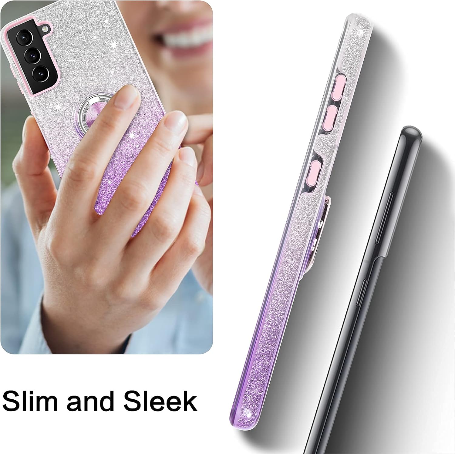 BENTOBEN Galaxy S21 Case, Slim Fit Glitter Sparkly with 360° Ring Holder Kickstand Magnetic Car Mount Supported Protective Girls Women Cover for Samsung Galaxy S21 6.2" 2021, Purple