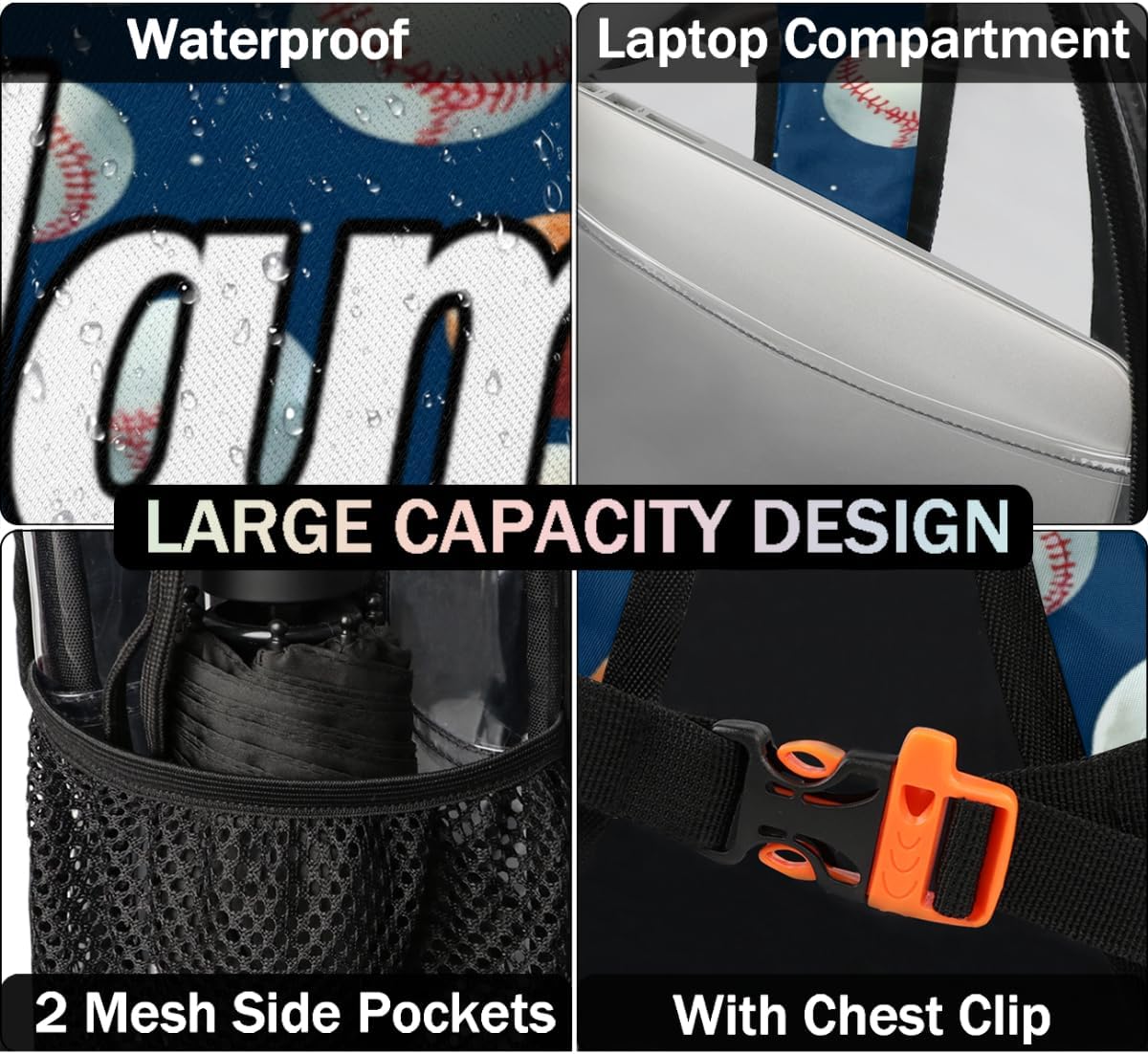 Baseball Sport Personalized Clear Backpack Custom Name Clear Bookbag PVC Heavy Duty Transparent Backpacks Travel Bag