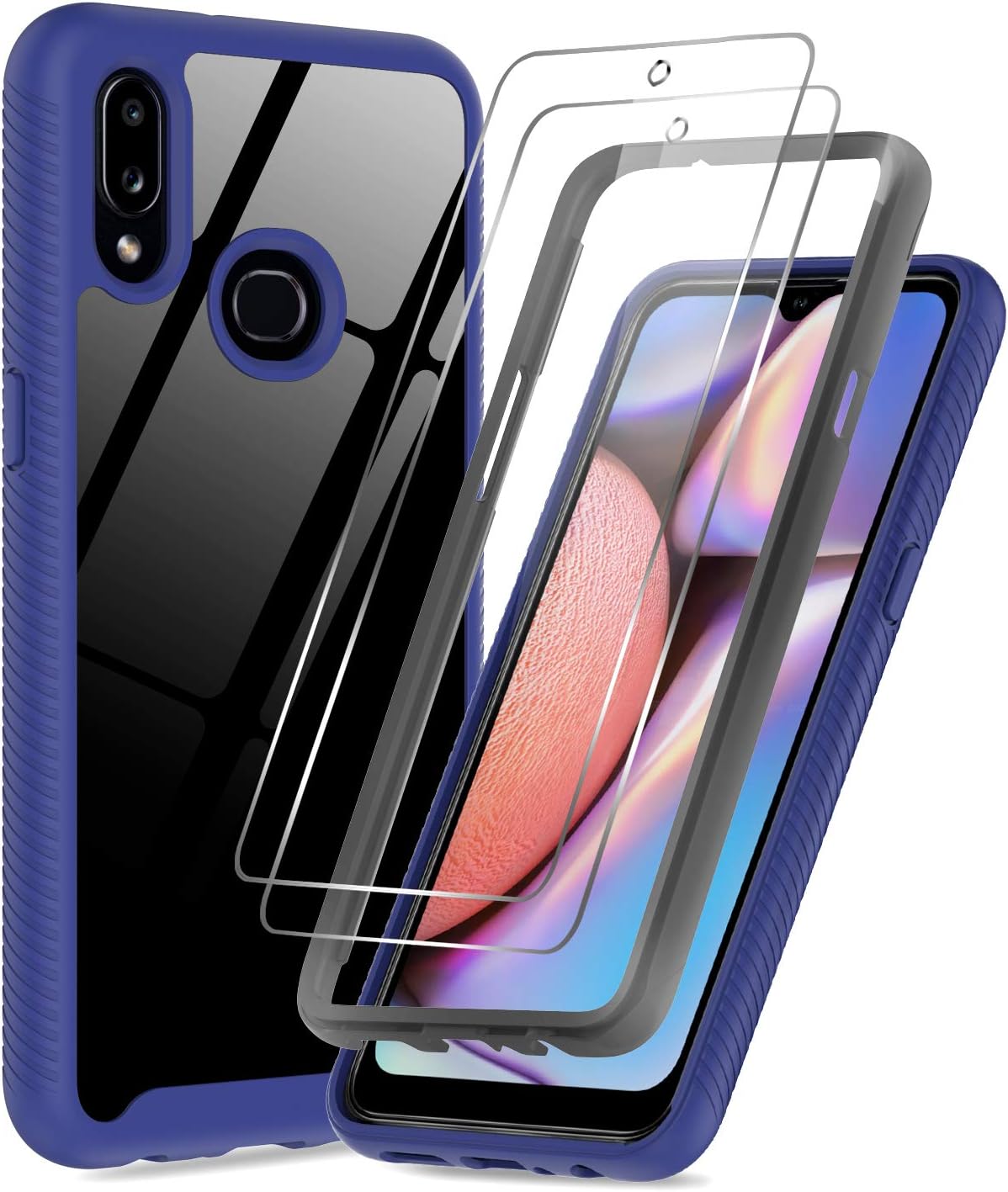 LeYi Compatible with Samsung Galaxy A10S Case, Galaxy A10S Case with 2 Tempered Glass Screen Protector, Full-Body Protective Rugged Hybrid Bumper Shockproof Clear Phone Cases for Samsung A10S, Blue