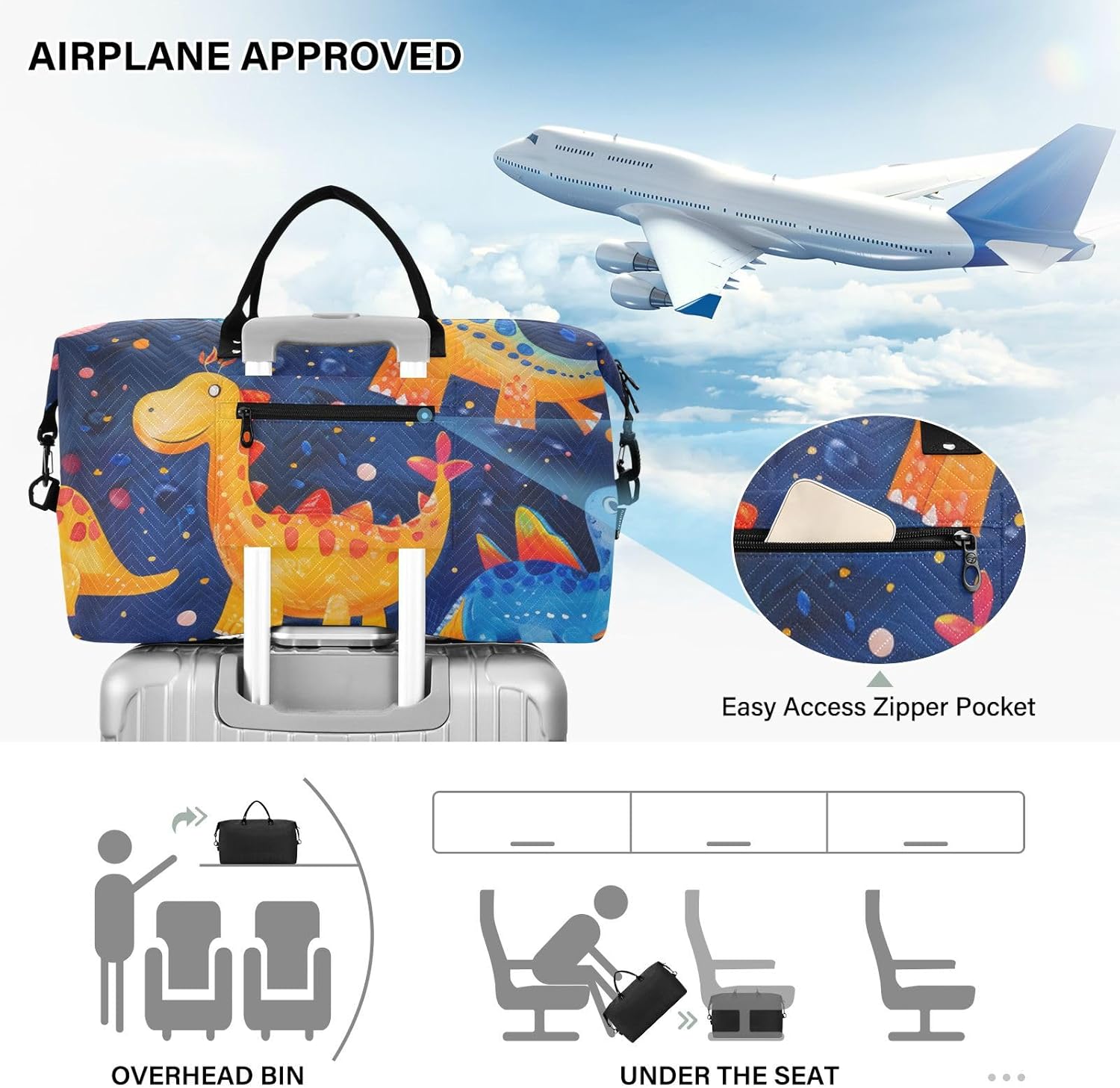 Cute Colorful Dinosaurs Large Bag Travel Weekender Gear Bag Gym Tote Bag with Adjustable Strap for Sports Waterproof